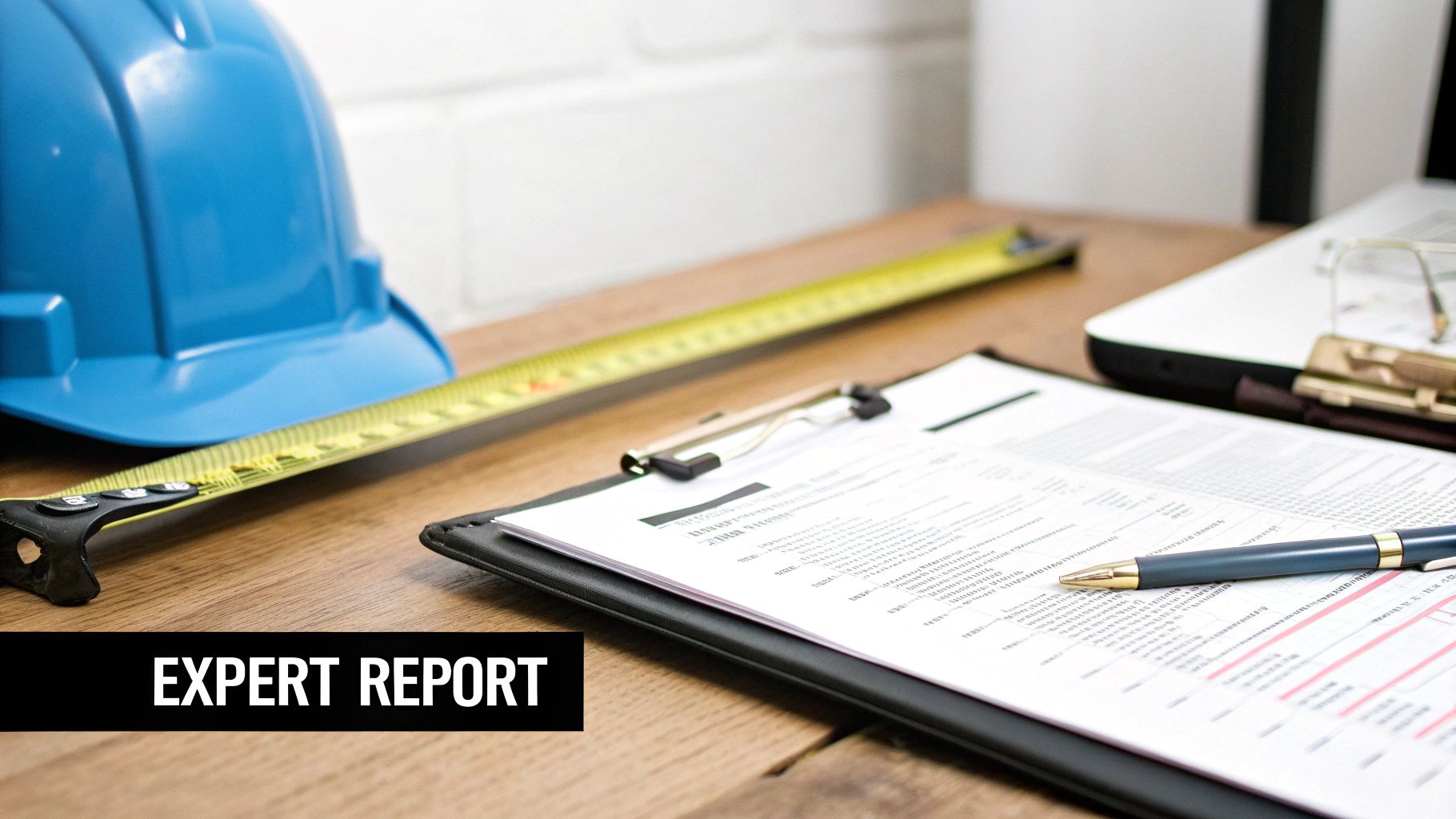 A construction expert's desk with a blue hard hat, measuring tape, clipboard, pen, and laptop.