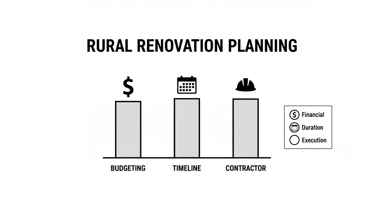 Infographic for rural renovation planning, detailing financial budgeting, project timeline, and contractor selection.