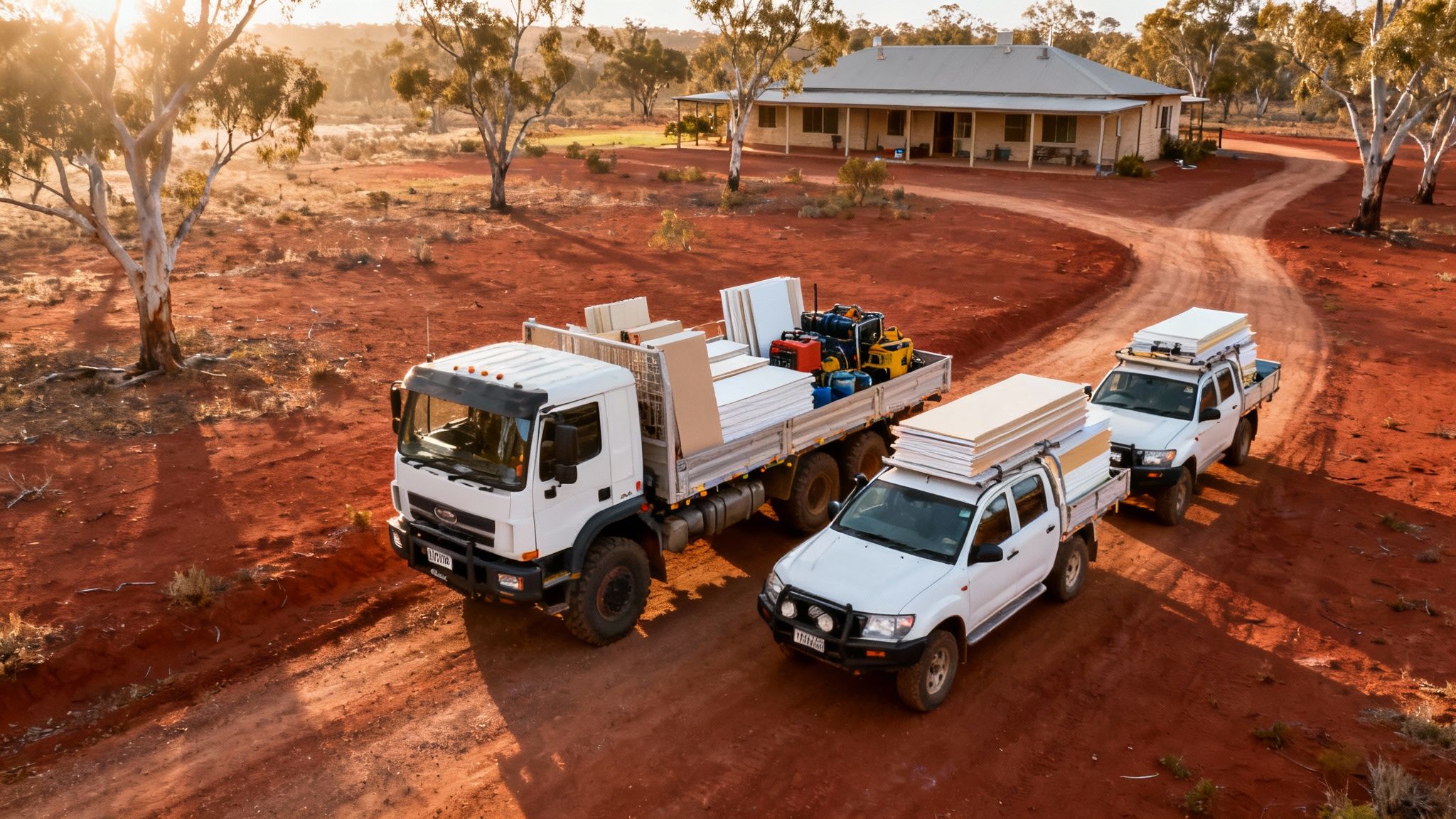 Heavy truck and two pickups carrying plasterboard on a red dirt road to a rural house at sunset.