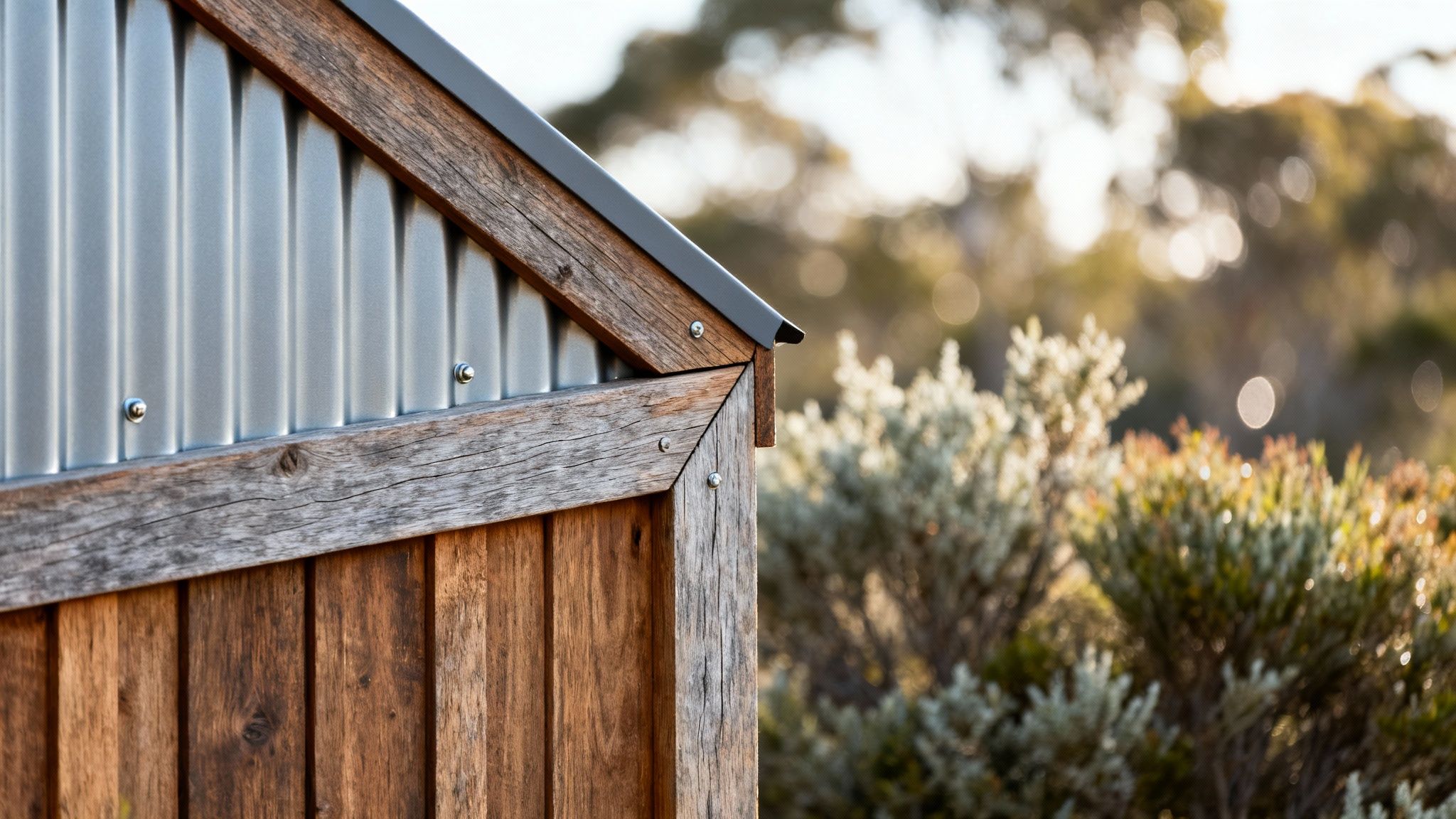 Close-up of a rustic building with wooden panels and corrugated metal siding in nature.