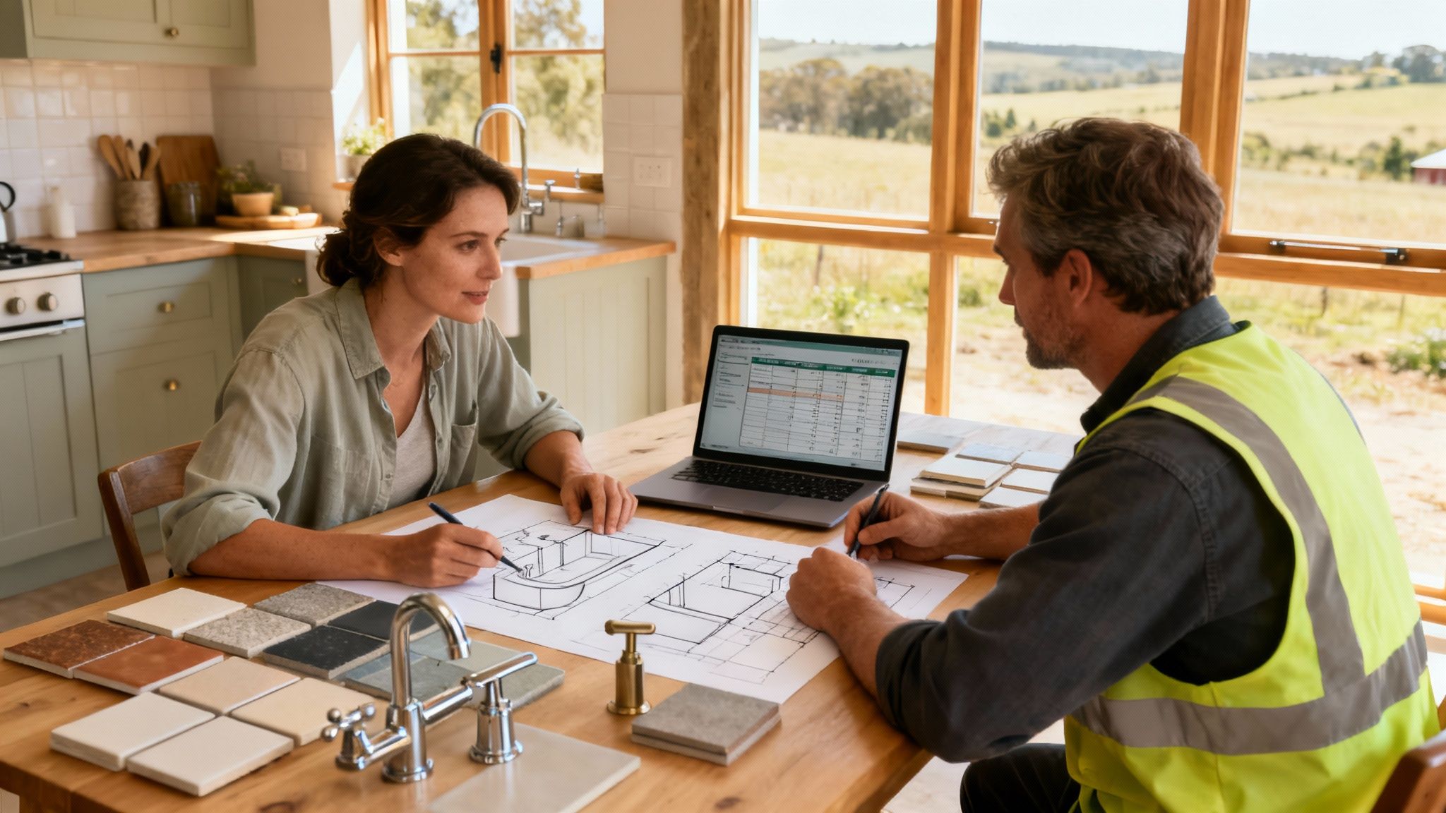 Two people review bathroom renovation blueprints, tile samples, and a spreadsheet in a sunny kitchen.