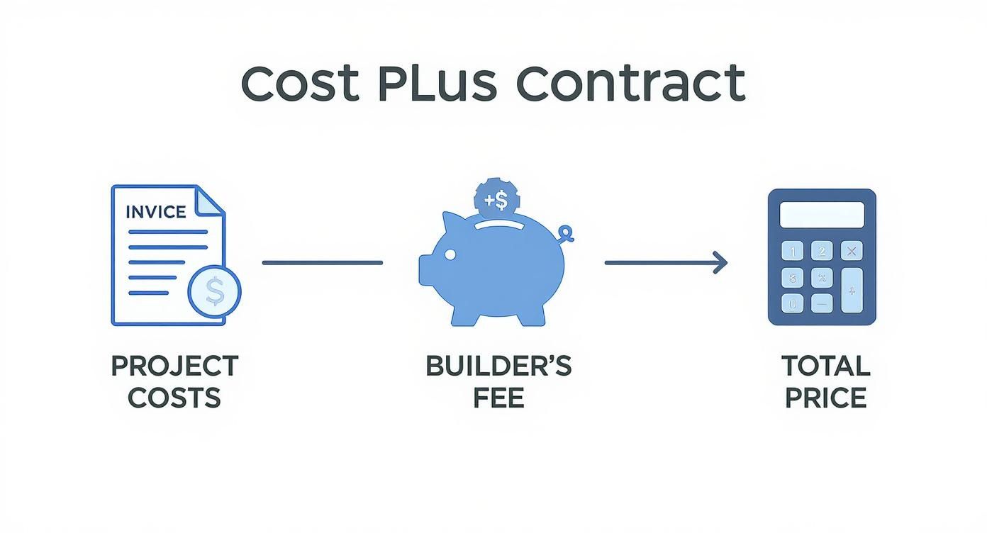 Diagram illustrating a Cost Plus Contract: Project Costs (invoice) plus Builder's Fee (piggy bank) equals Total Price (calculator).