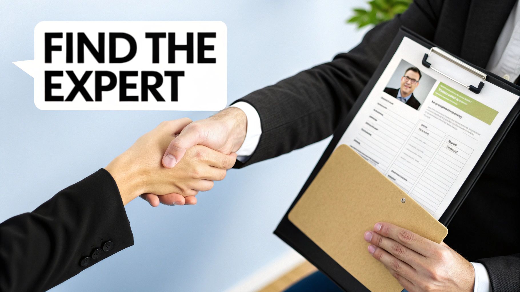 A professional building expert witness examining a building exterior with a clipboard.