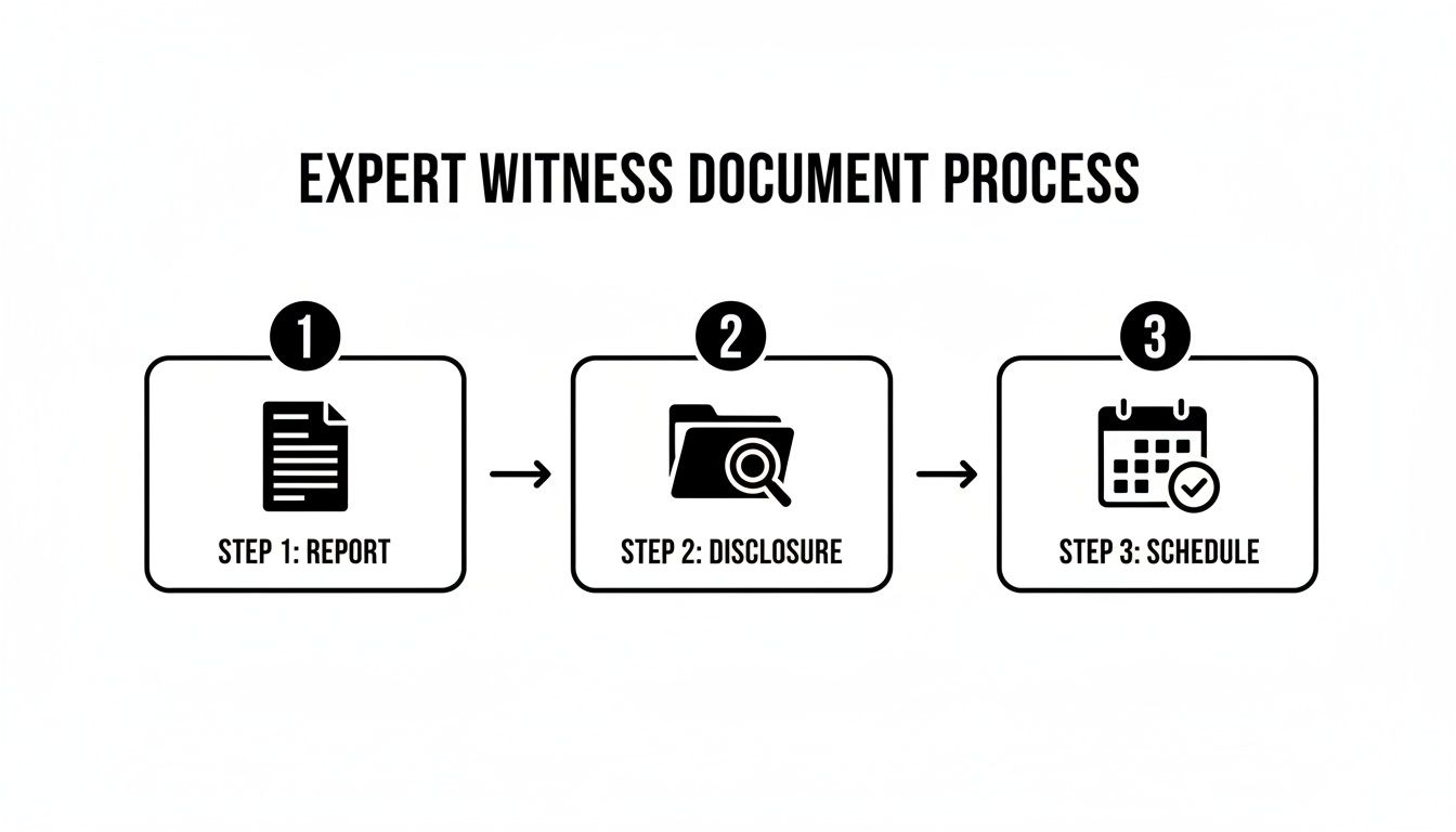 An infographic showing the 3-step expert witness document process: report, disclosure, and schedule.