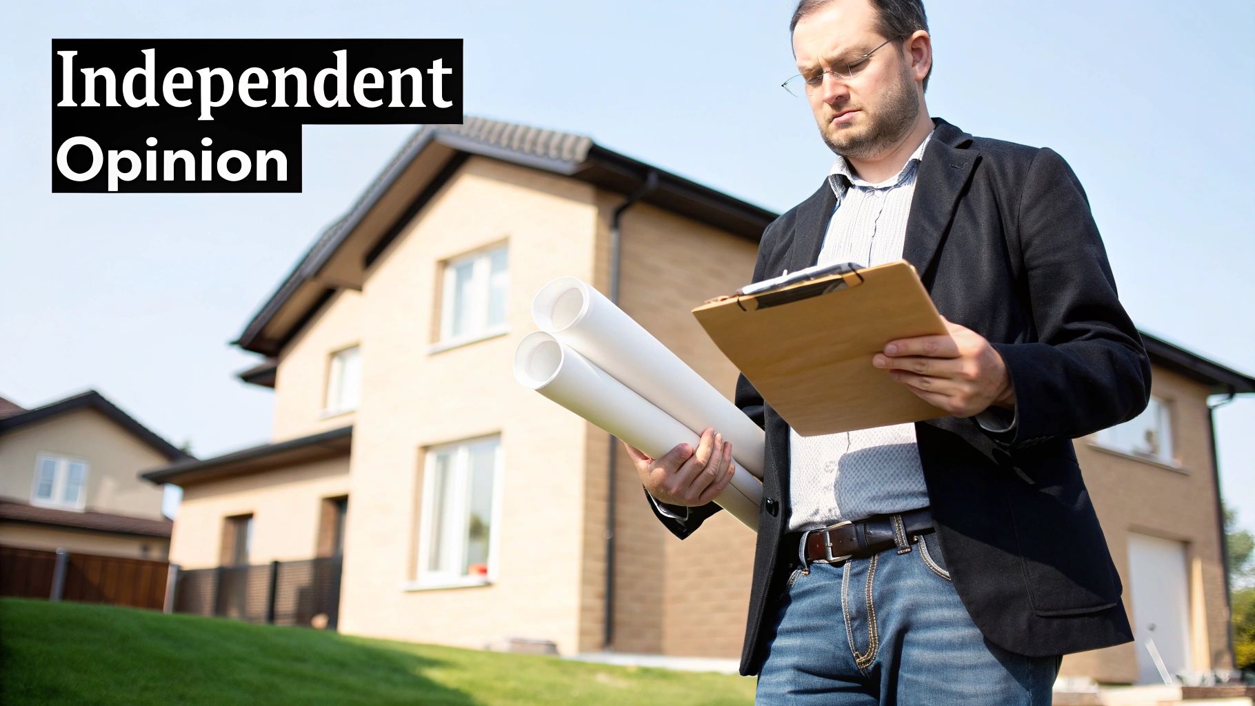 A professional building expert witness reviewing construction plans and documents on a clipboard.