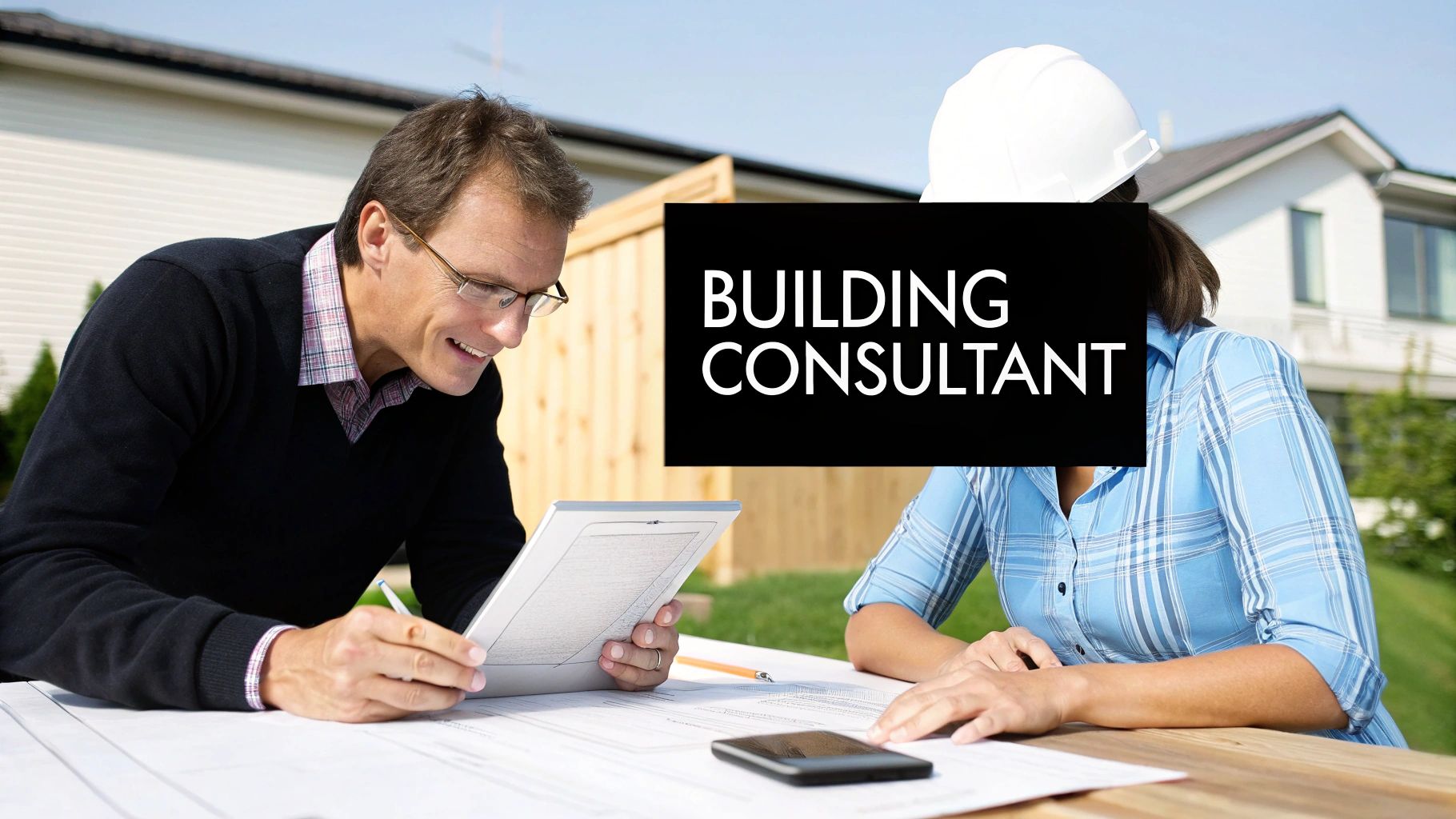 A building consultant reviewing architectural plans on a construction site.