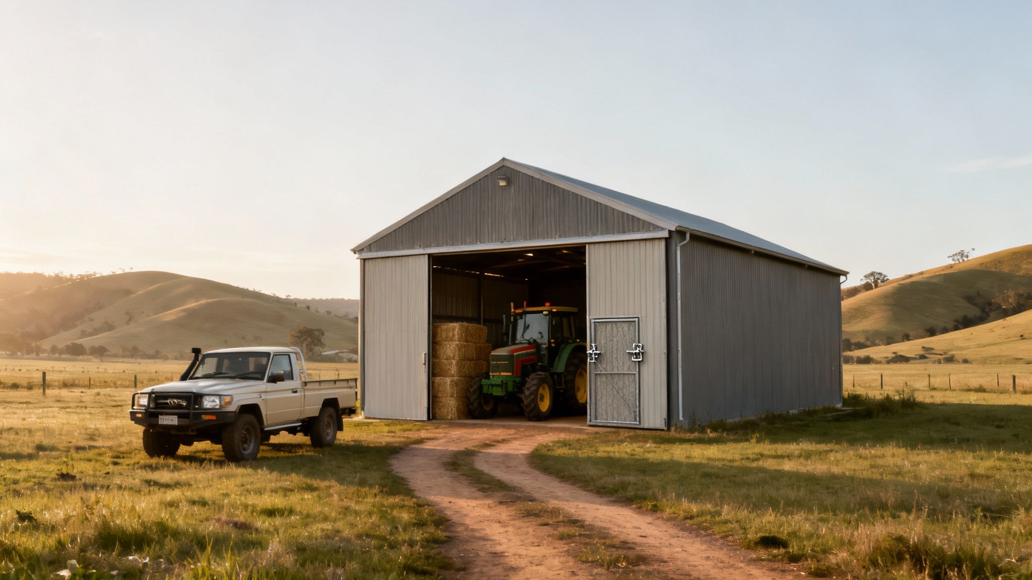 A beige pickup truck parked next to a farm shed with a green tractor and hay bales inside, with rolling hills in the background at sunset.