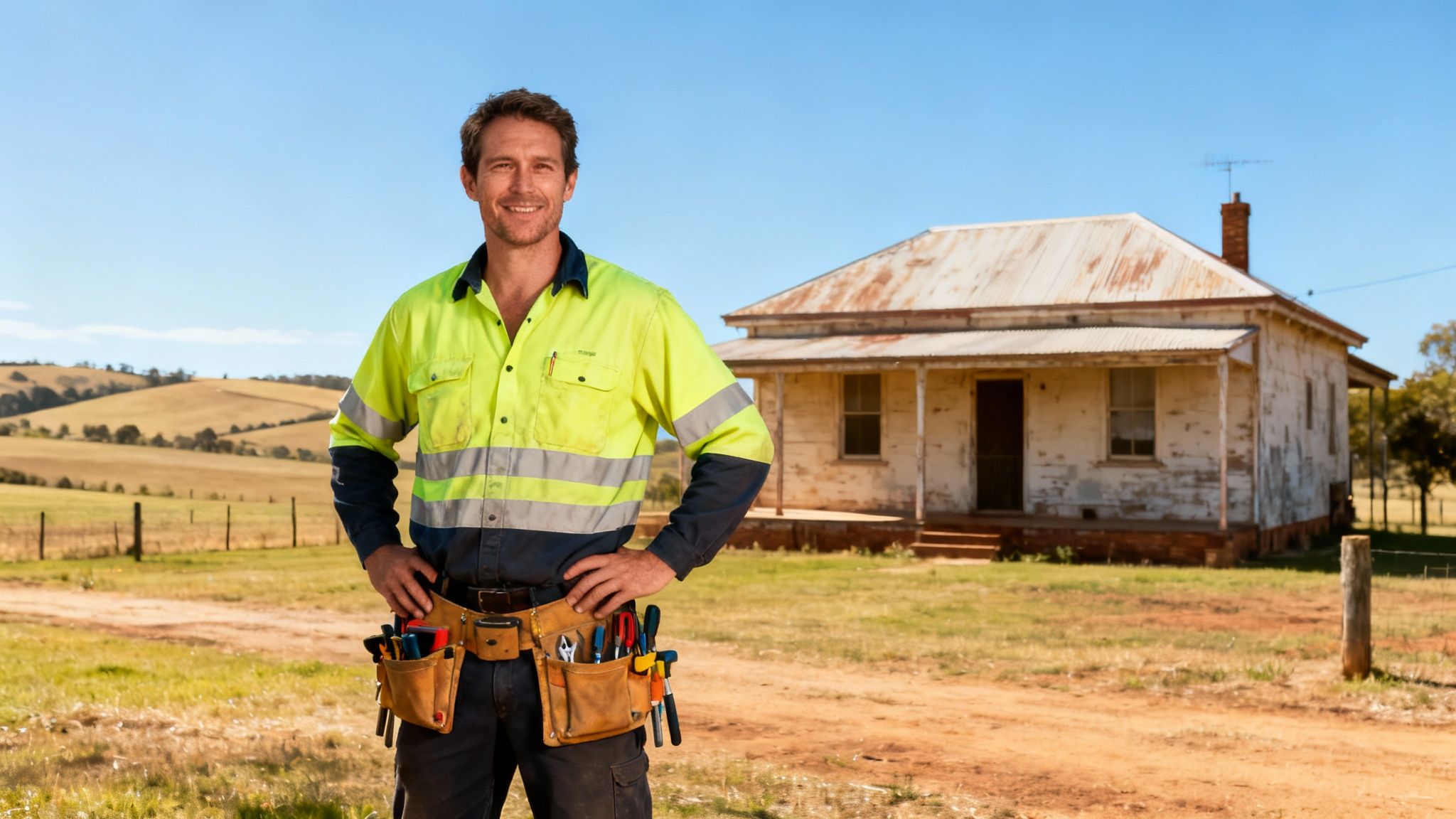 A smiling handyman in a high-vis shirt and tool belt stands in front of an old rural house.