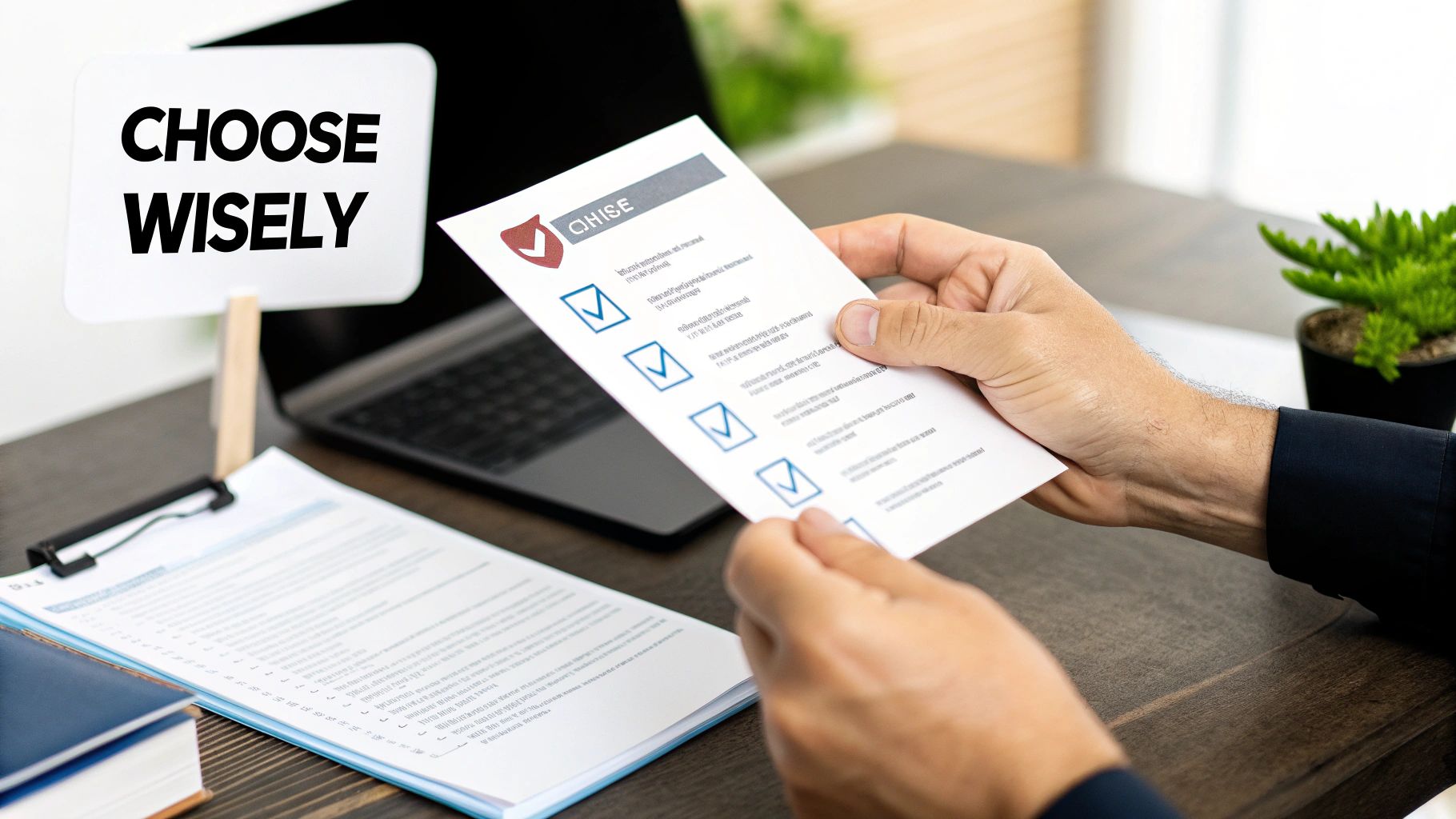 A magnifying glass held up to a building plan, symbolising the detailed vetting process for a building consultant.