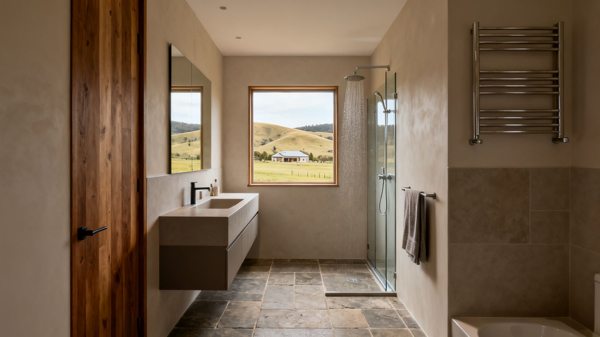 A modern bathroom with a large window overlooking rolling hills, a floating vanity, and a walk-in shower.