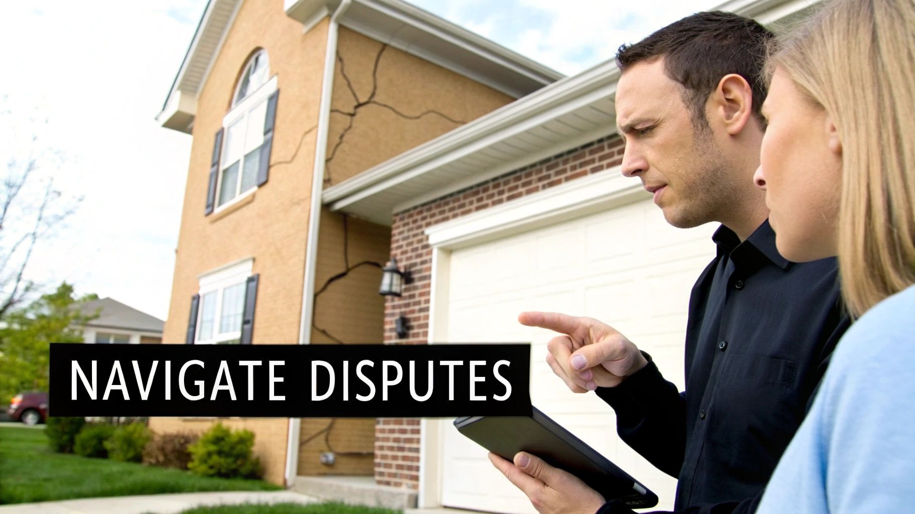 A man and woman discuss severe cracks on a house exterior with a tablet, text 'NAVIGATE DISPUTES'.