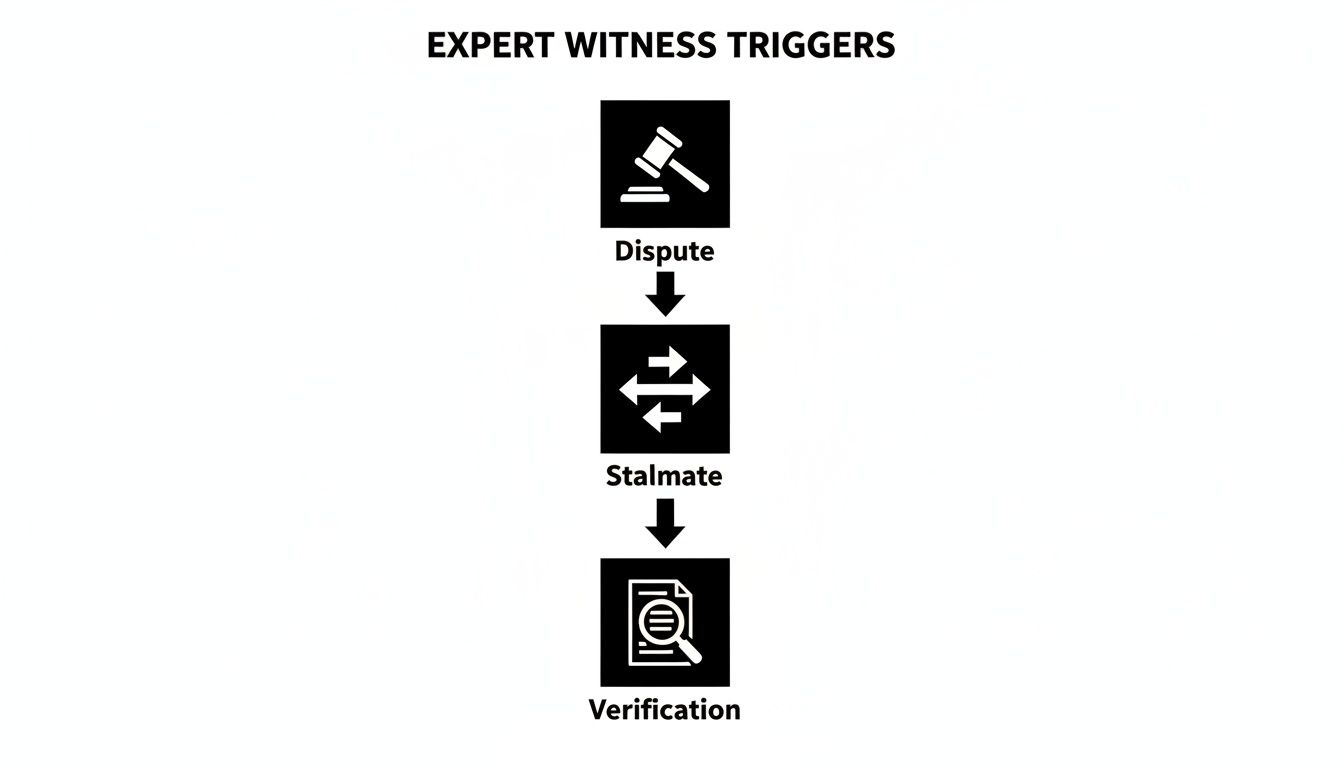 A flowchart illustrating the three triggers for an expert witness: dispute, stalemate, and verification.