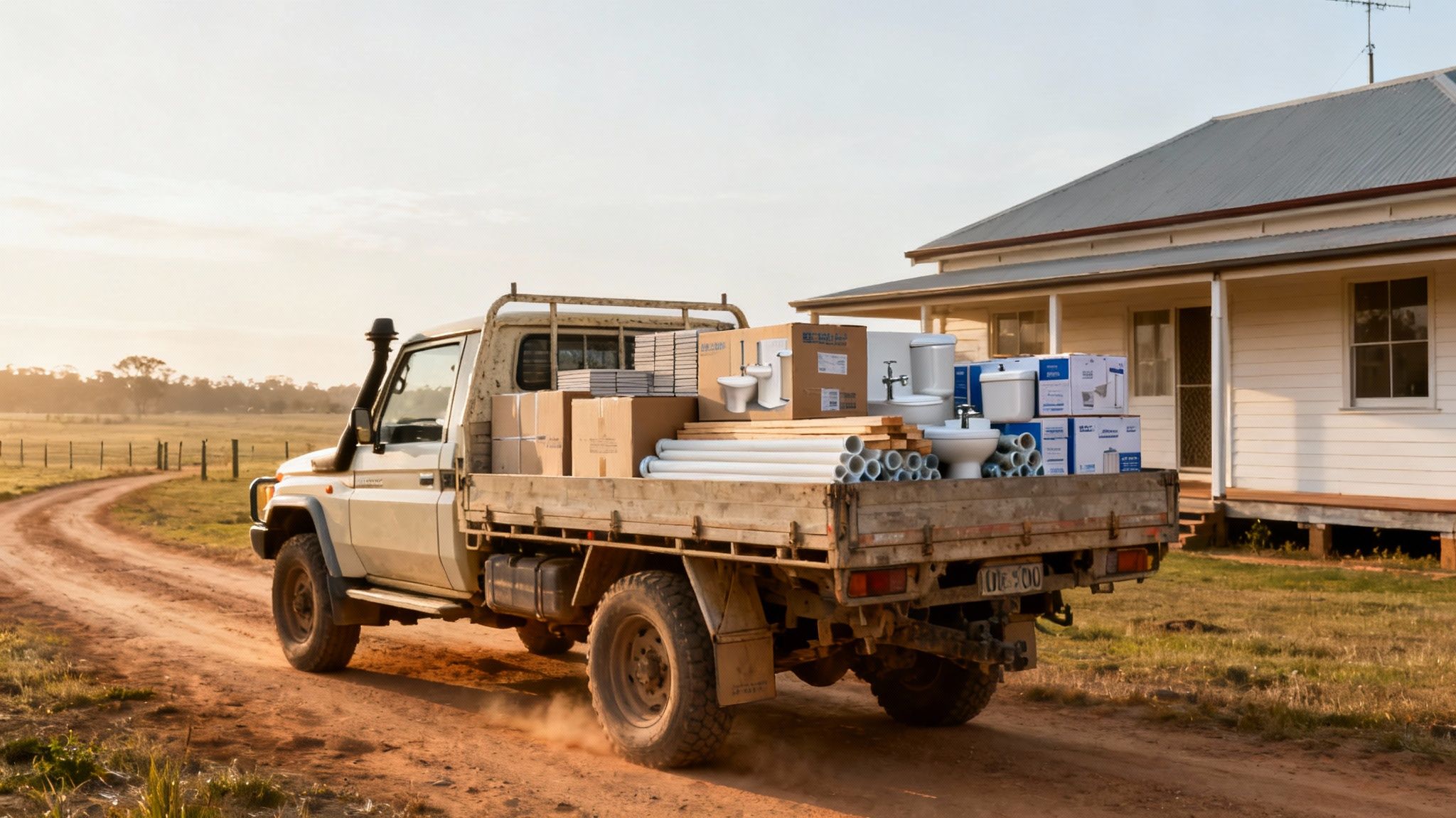 A modern rustic bathroom with a wooden vanity and stone basin, perfect for a farm property.
