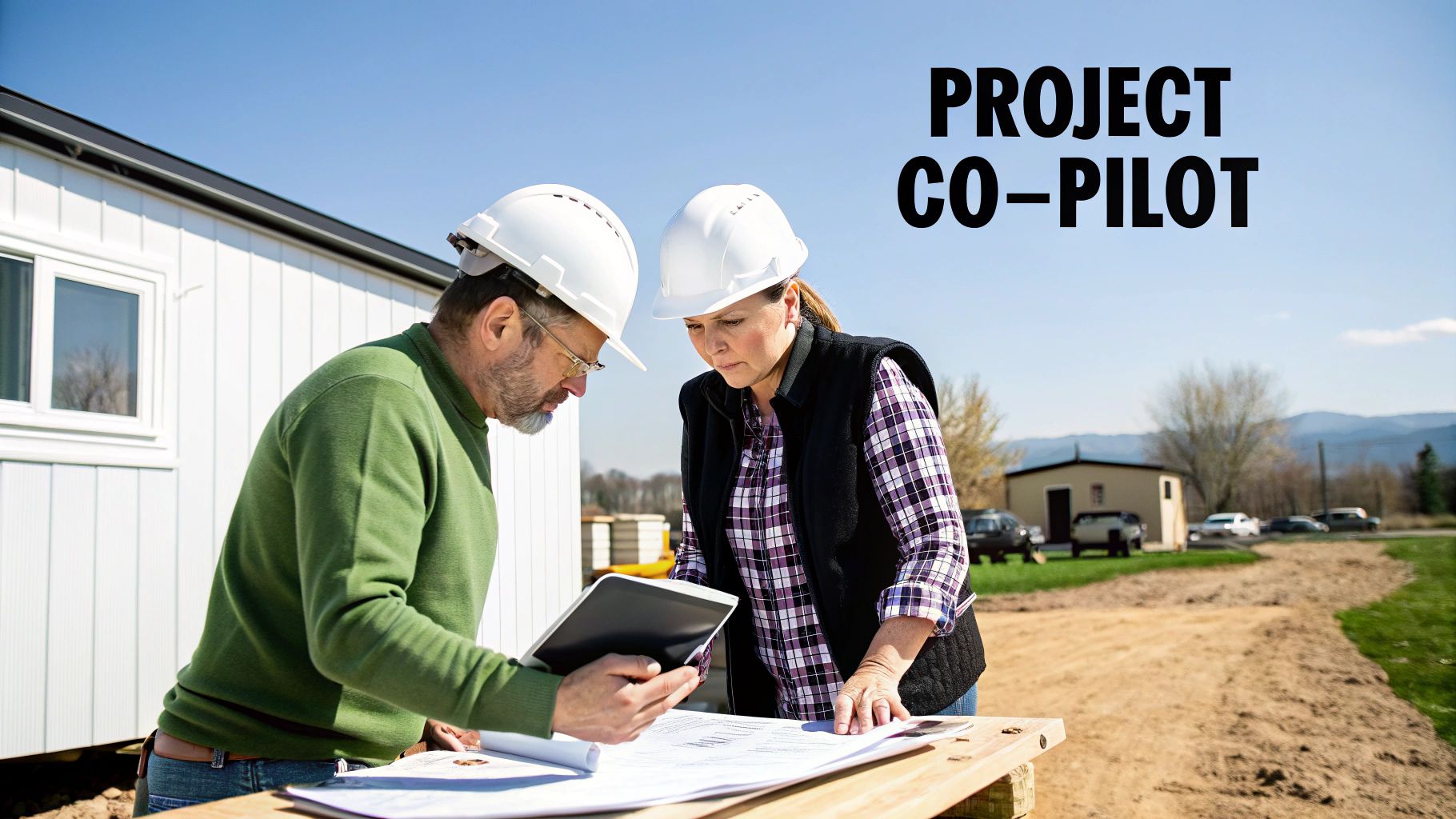 A construction site with blueprints and safety gear, representing expert building consultation.