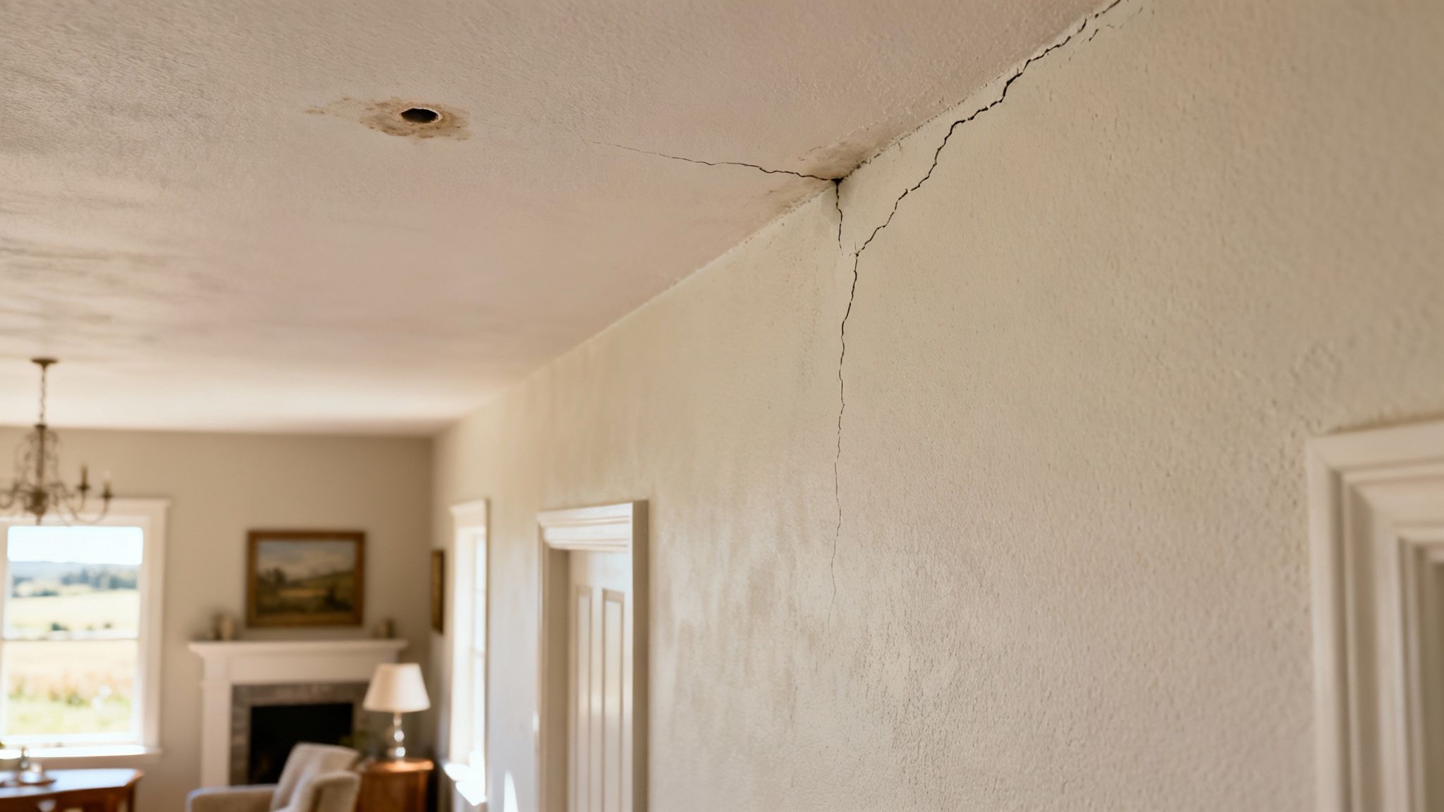 Significant cracks on a ceiling and wall meet at a corner, with a water stain.