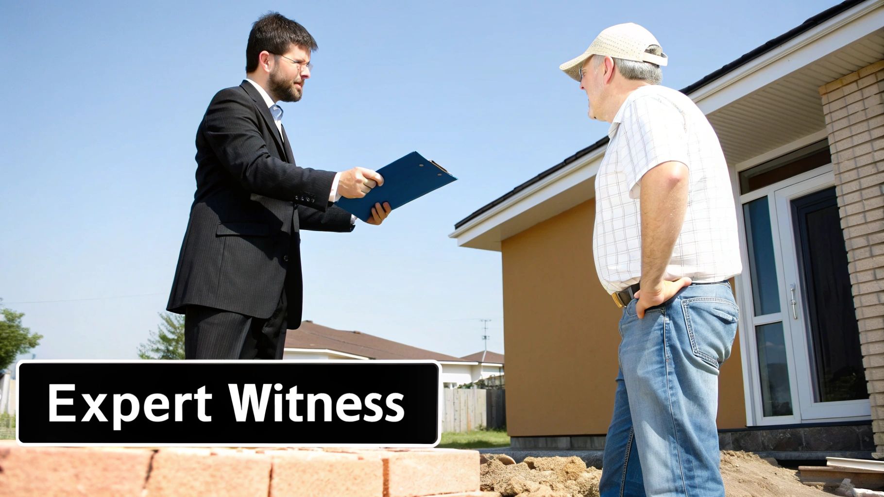 A seasoned building consultant pointing out details on a building plan to a homeowner, signifying expert guidance in a dispute.