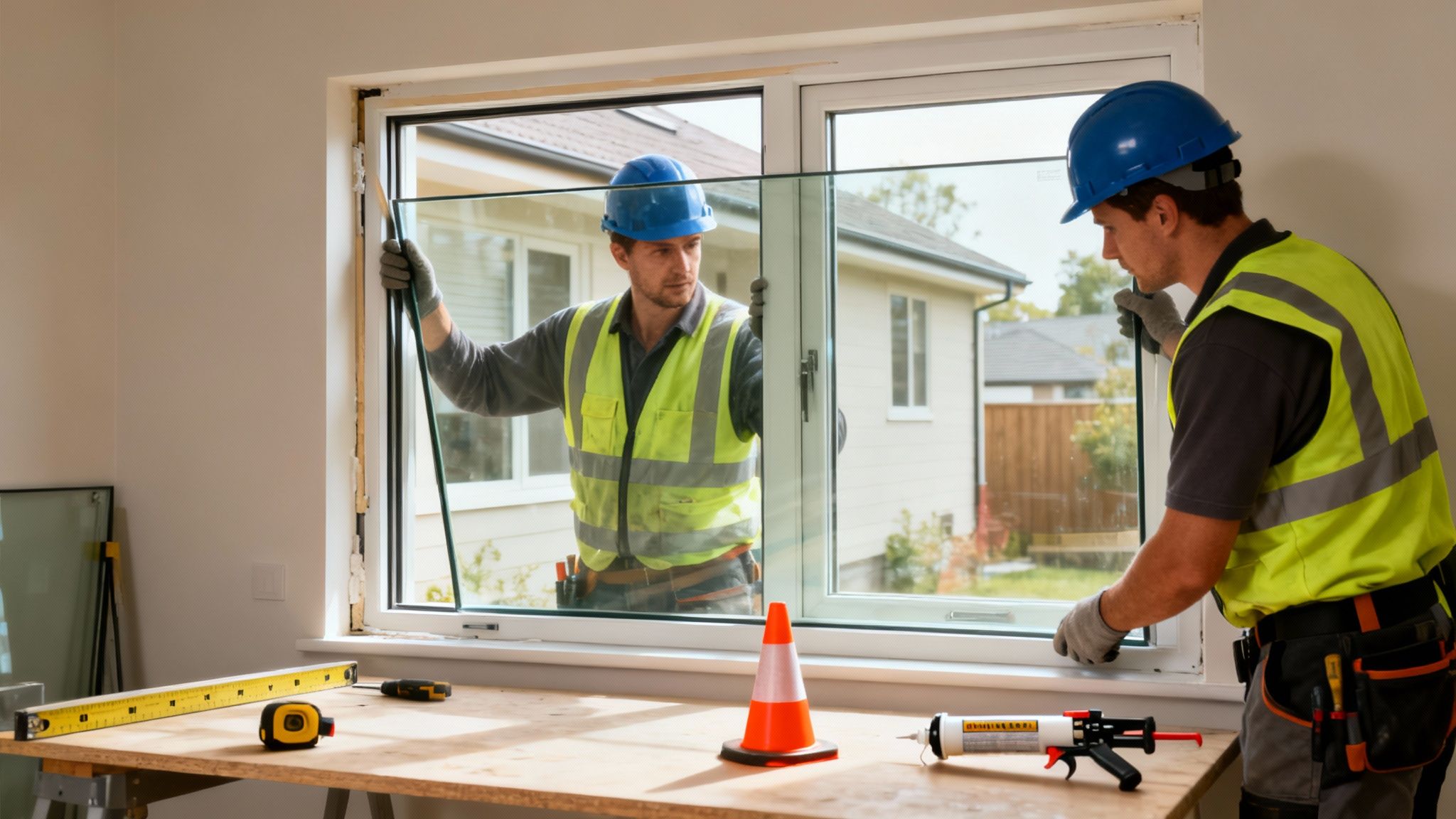 Two construction workers in safety gear carefully install a large glass pane into a window frame.