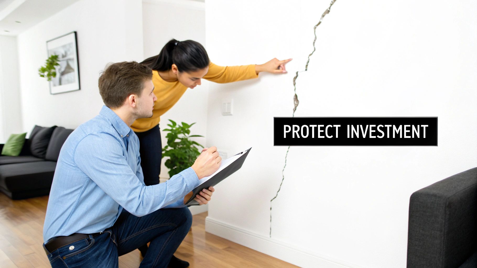 A man and woman inspecting a large crack in a white wall, discussing home structural damage.
