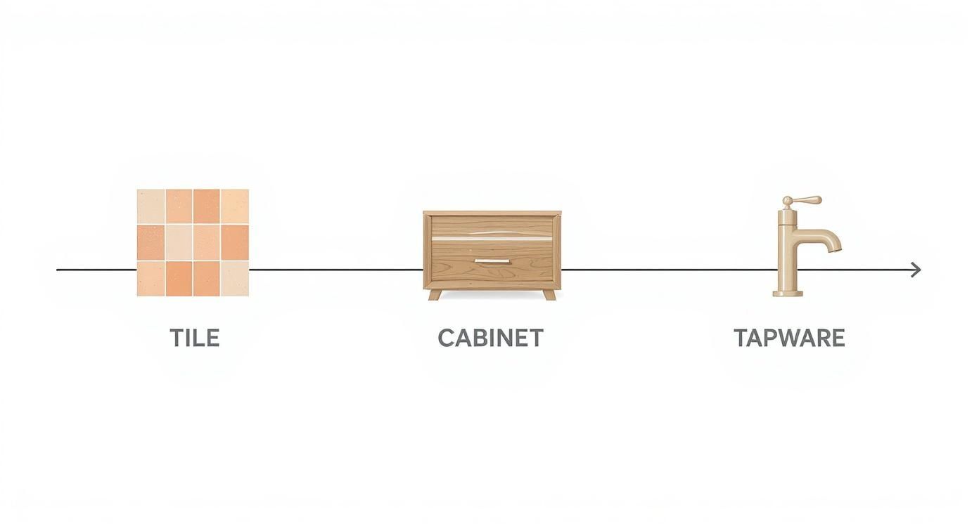 Horizontal display of bathroom elements: square tiles, a wooden vanity cabinet, and a brass faucet.