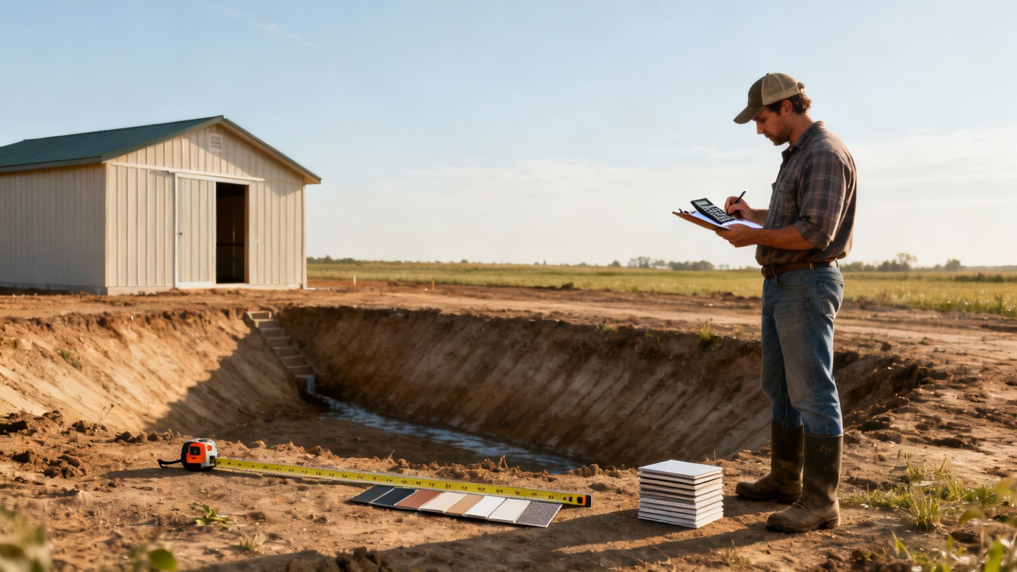 A man calculates construction plans for a farm shed next to an excavated ditch.
