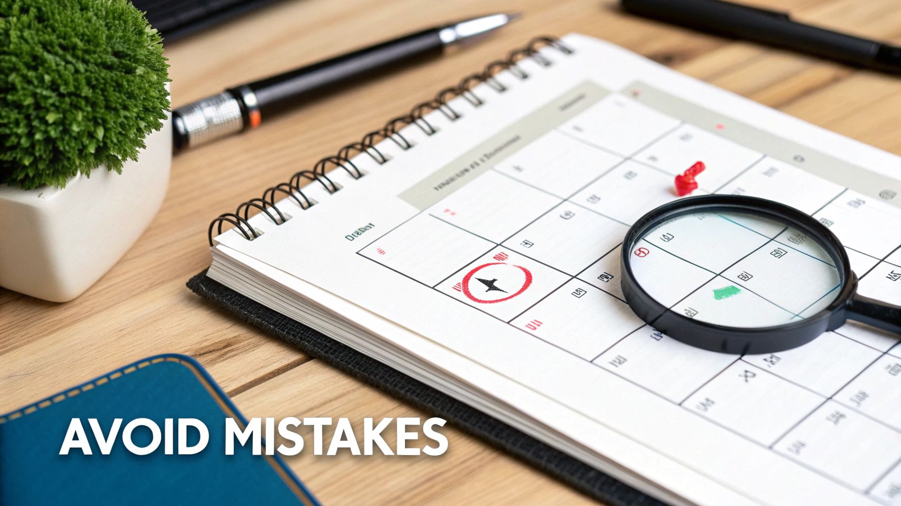 Overhead view of a calendar, magnifying glass, and pen on a desk with "AVOID MISTAKES" text.