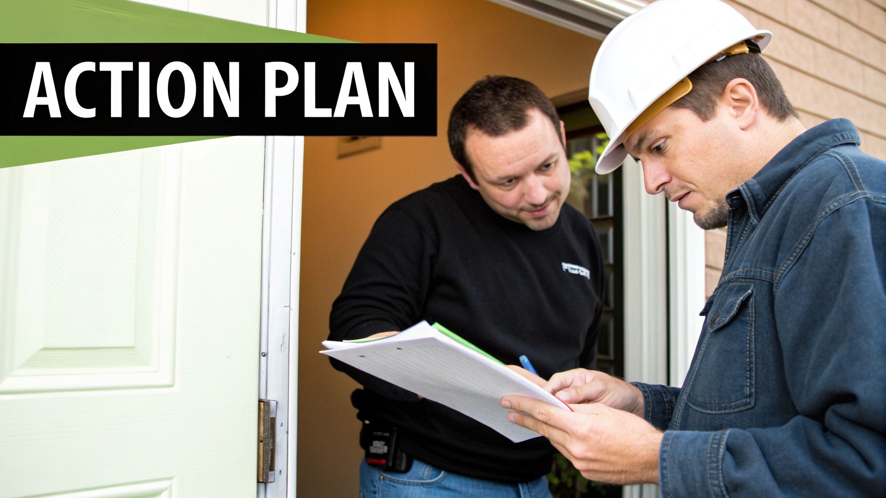 A person reviewing an inspection report on a clipboard inside a new home.