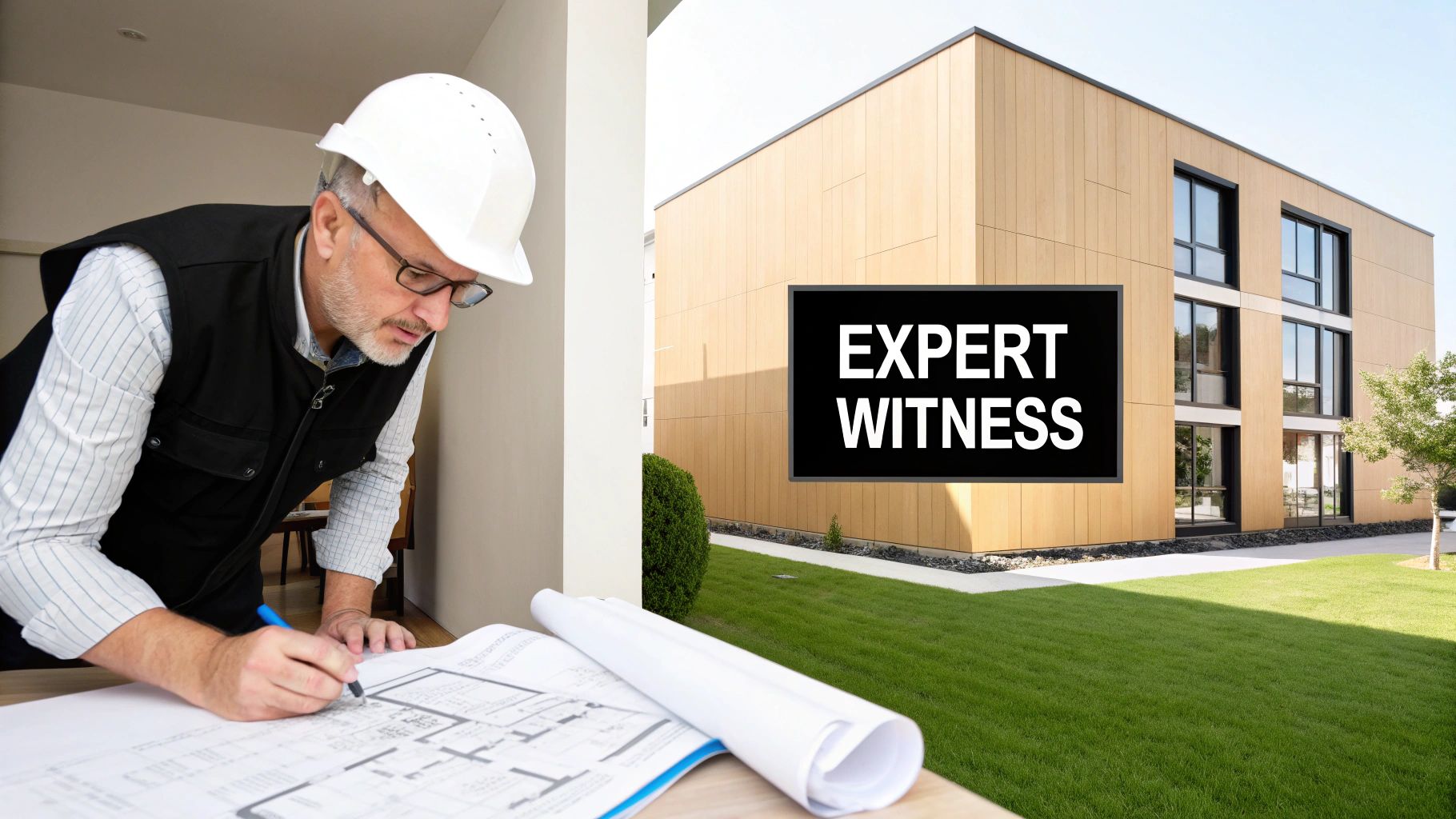 A building expert witness reviewing architectural plans with a magnifying glass.