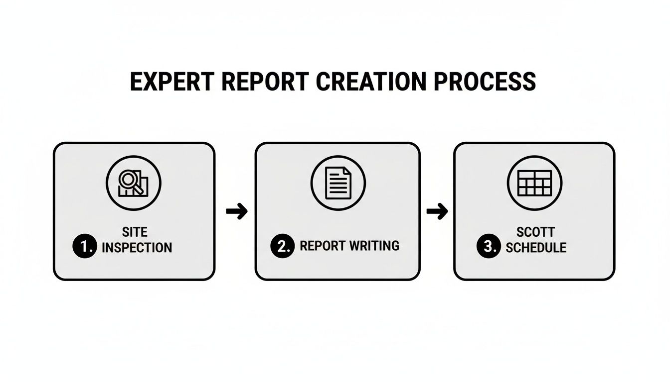 A three-step flowchart outlining the expert report creation process: Site Inspection, Report Writing, and Scott Schedule.
