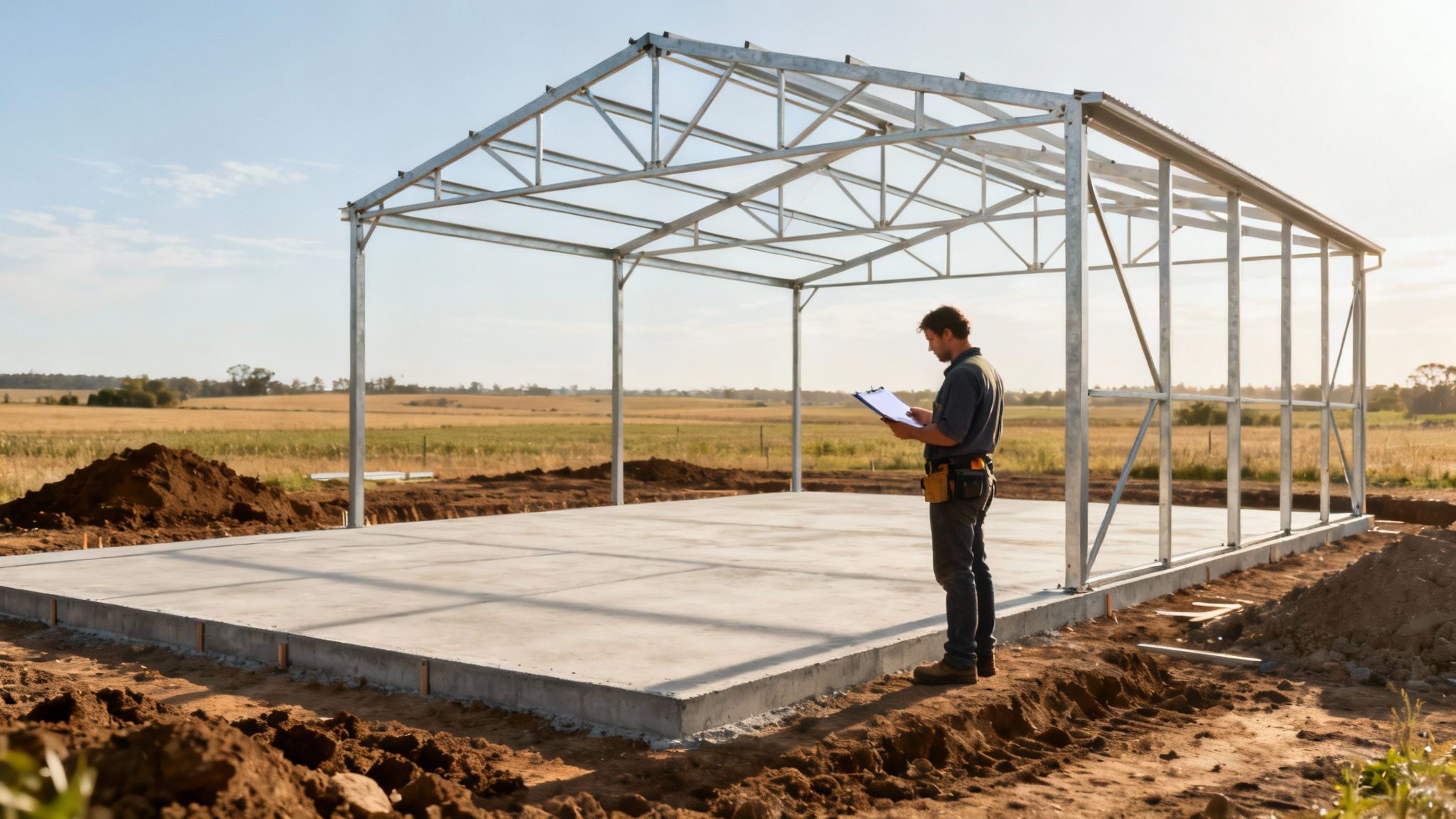A construction site for a rural shed in NSW, showing the concrete slab being prepared with formwork and steel reinforcement.