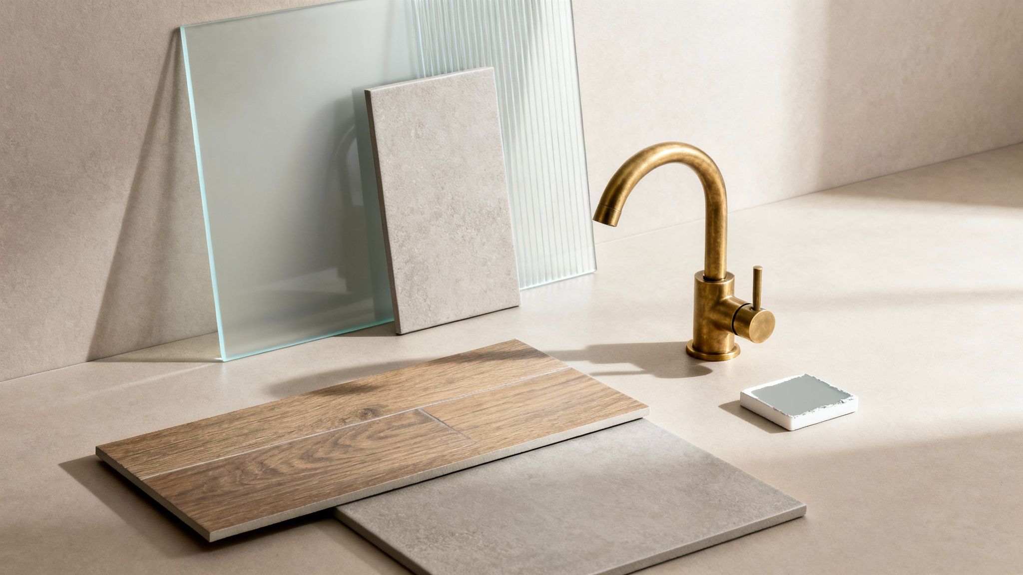 A curated collection of interior design samples, featuring tiles, textured glass, and a brass faucet.