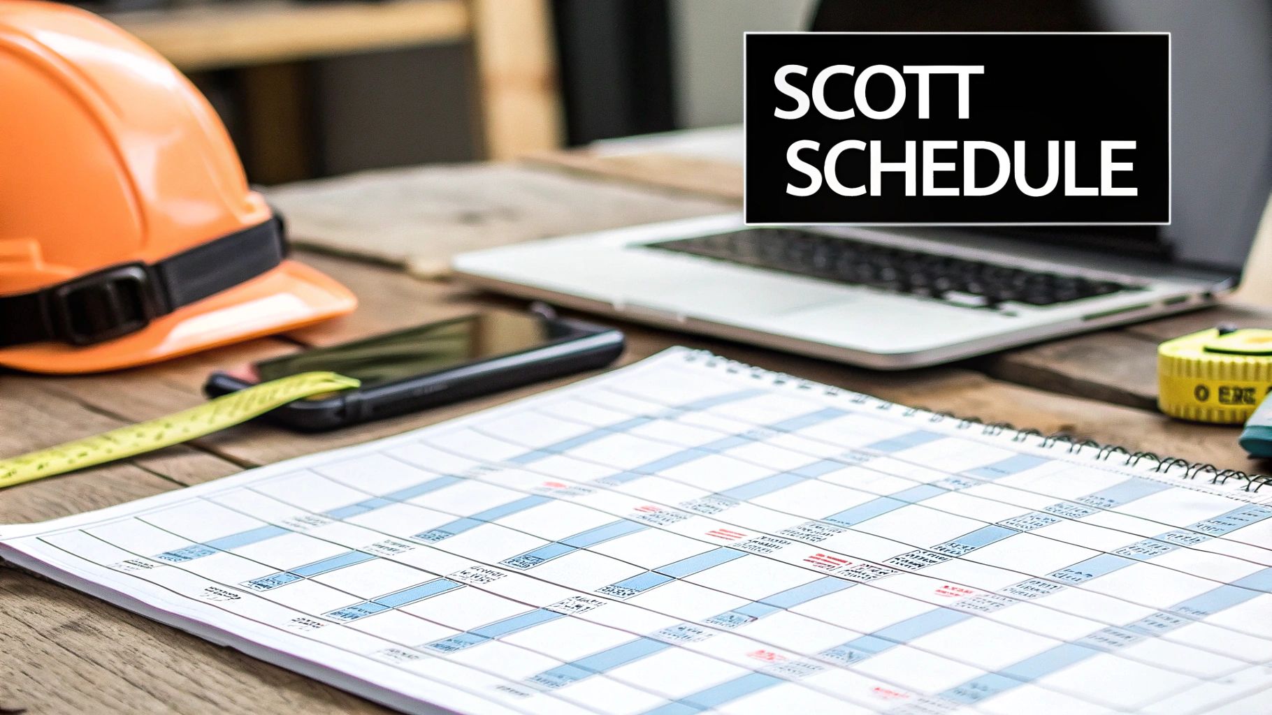 A construction desk with an orange hard hat, laptop, phone, measuring tape, and a Scott Schedule calendar.