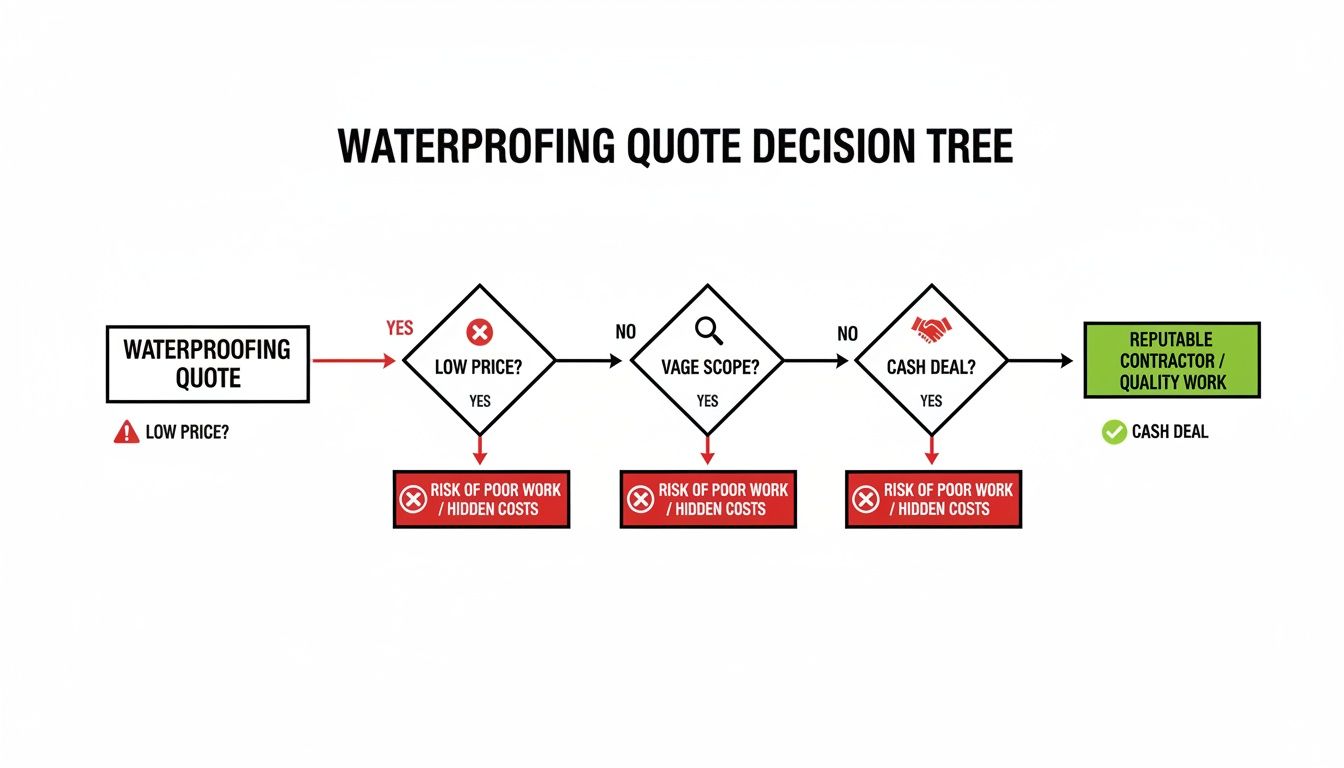 Flowchart illustrating a waterproofing quote decision tree, guiding users through price, scope, and payment options.