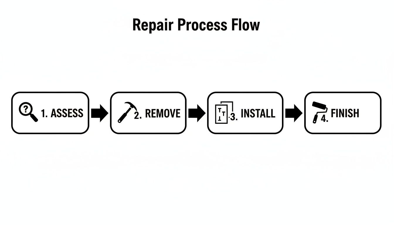 A repair process flow diagram illustrating four steps: Assess, Remove, Install, and Finish.