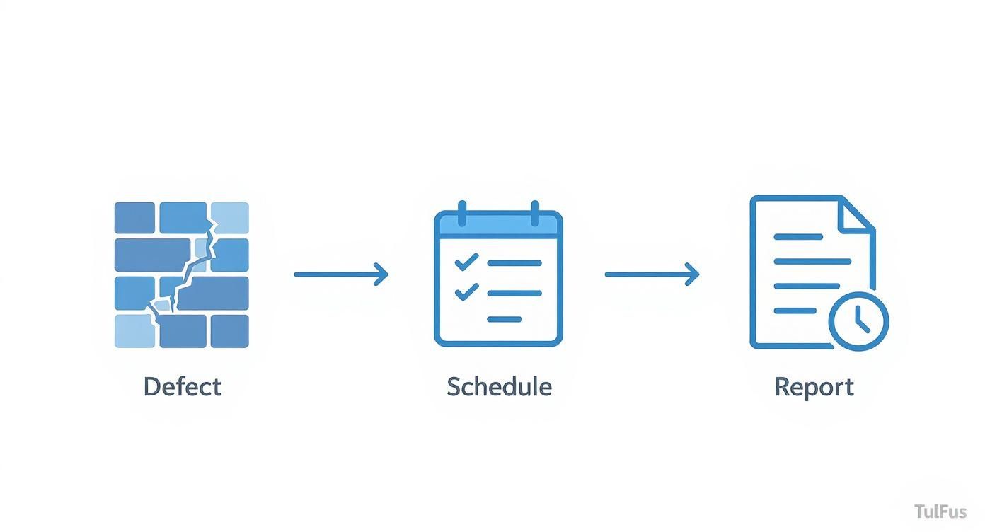 A process flow illustration showing a cracked wall (defect), a calendar (schedule), and a document with a clock (report).