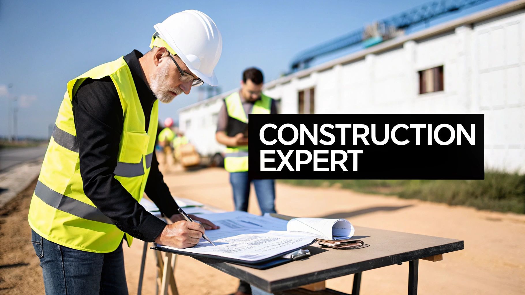 A construction expert reviews blueprints at a table on a sunny outdoor construction site.