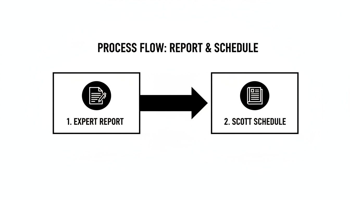 A process flow diagram showing two steps: 1. Expert Report, followed by 2. Scott Schedule.