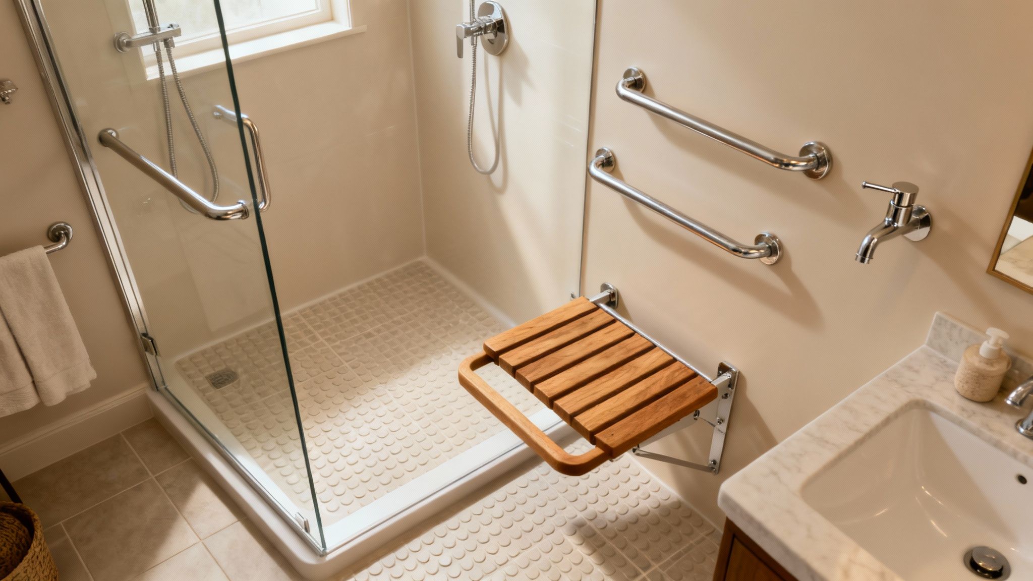 An accessible bathroom with a walk-in shower, folding seat, grab bars, and a vanity sink.