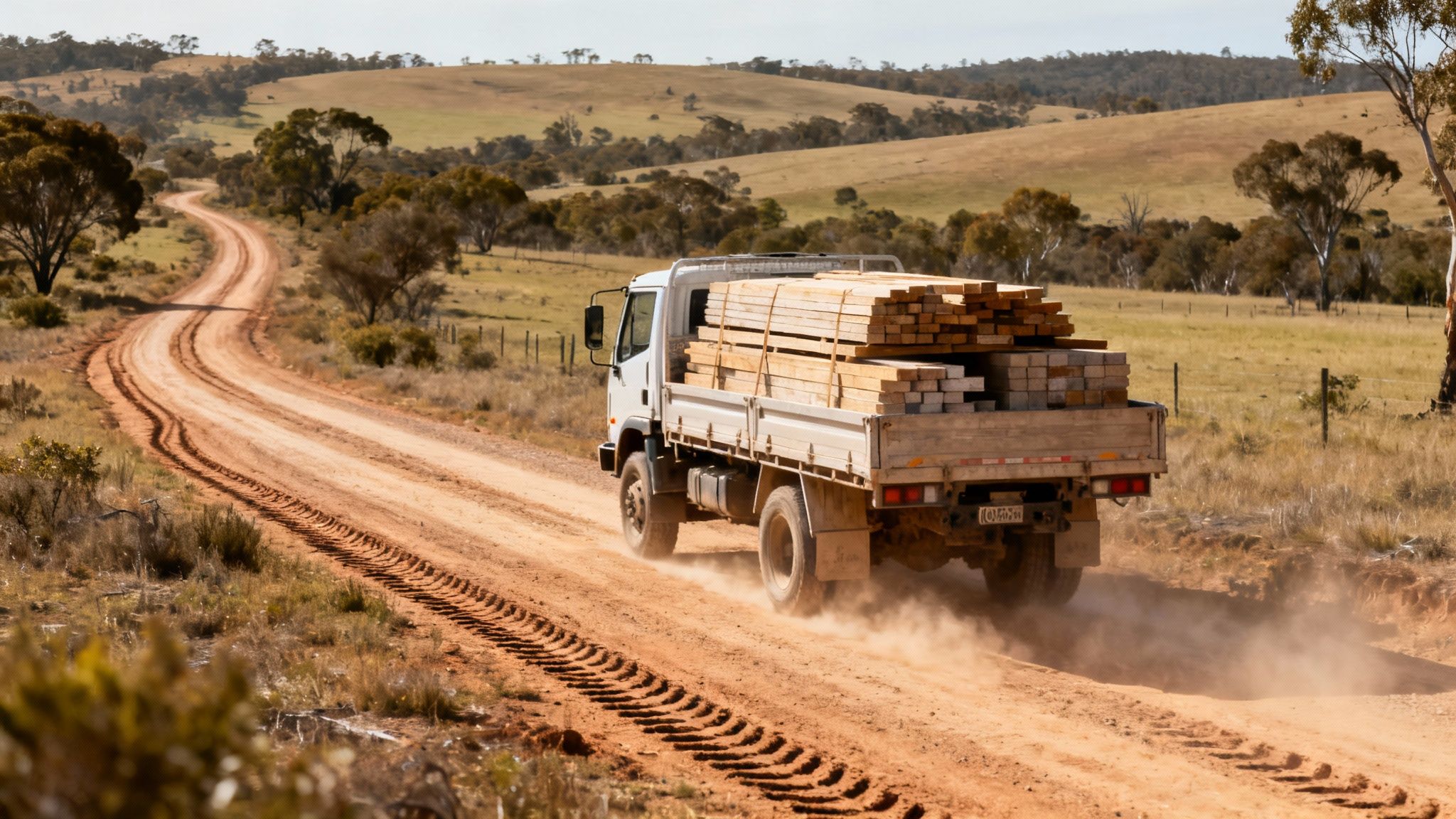 A white truck loaded with lumber drives on a dusty dirt road through a rural, hilly landscape.