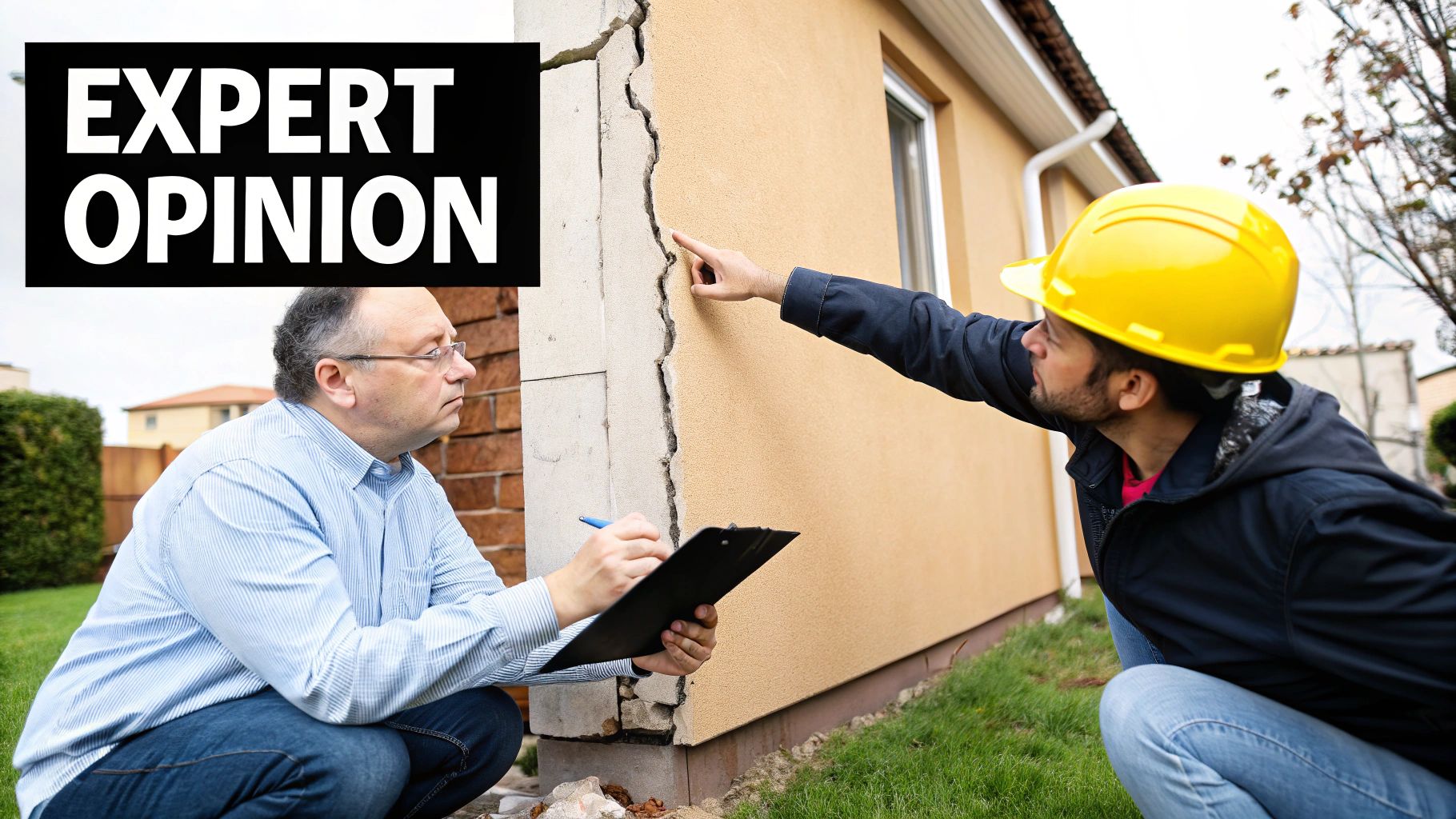 Two experts inspecting a large crack on a building's exterior wall, one taking notes.