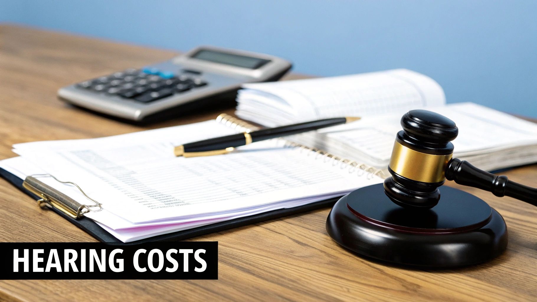 A judge's gavel, calculator, pen, and papers on a wooden desk with 'HEARING COSTS' text.