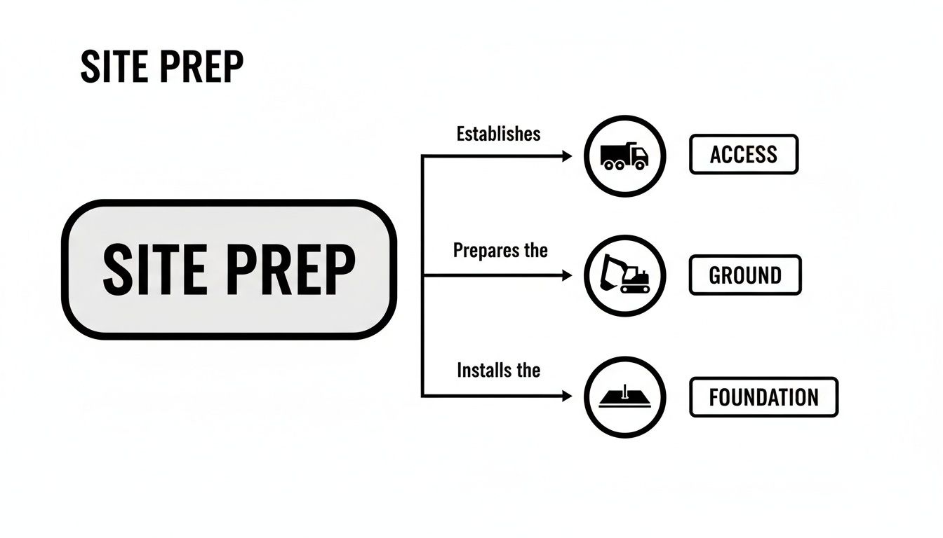 Flowchart illustrating site preparation steps: establishing access, preparing the ground, and installing the foundation.