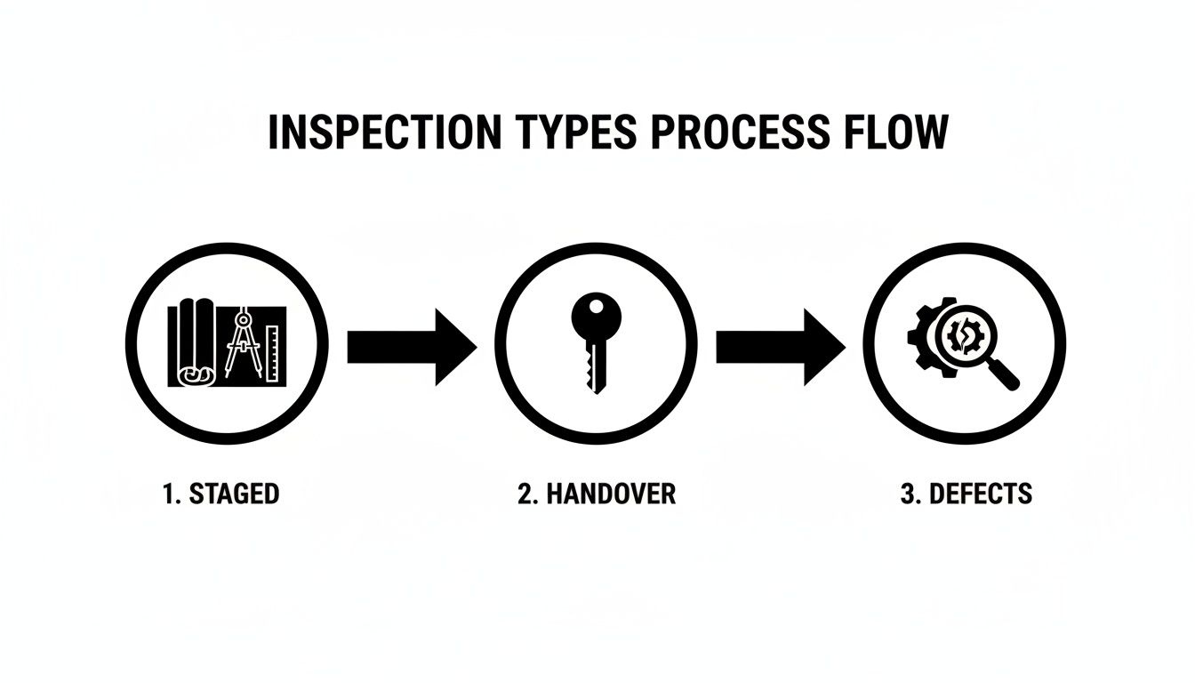 A process flow diagram illustrating three stages of inspection: Staged, Handover, and Defects.