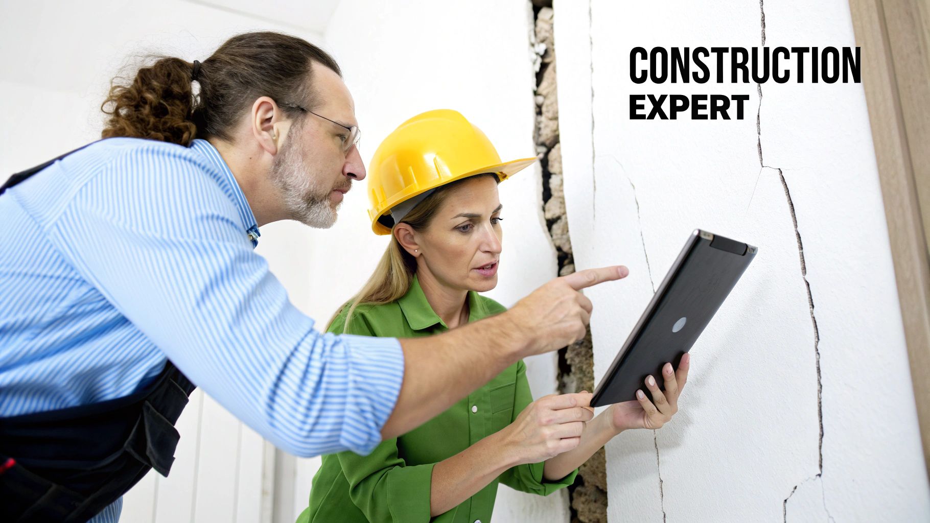 Two construction experts, a man and a woman in a hard hat, inspect a cracked wall, using a tablet.