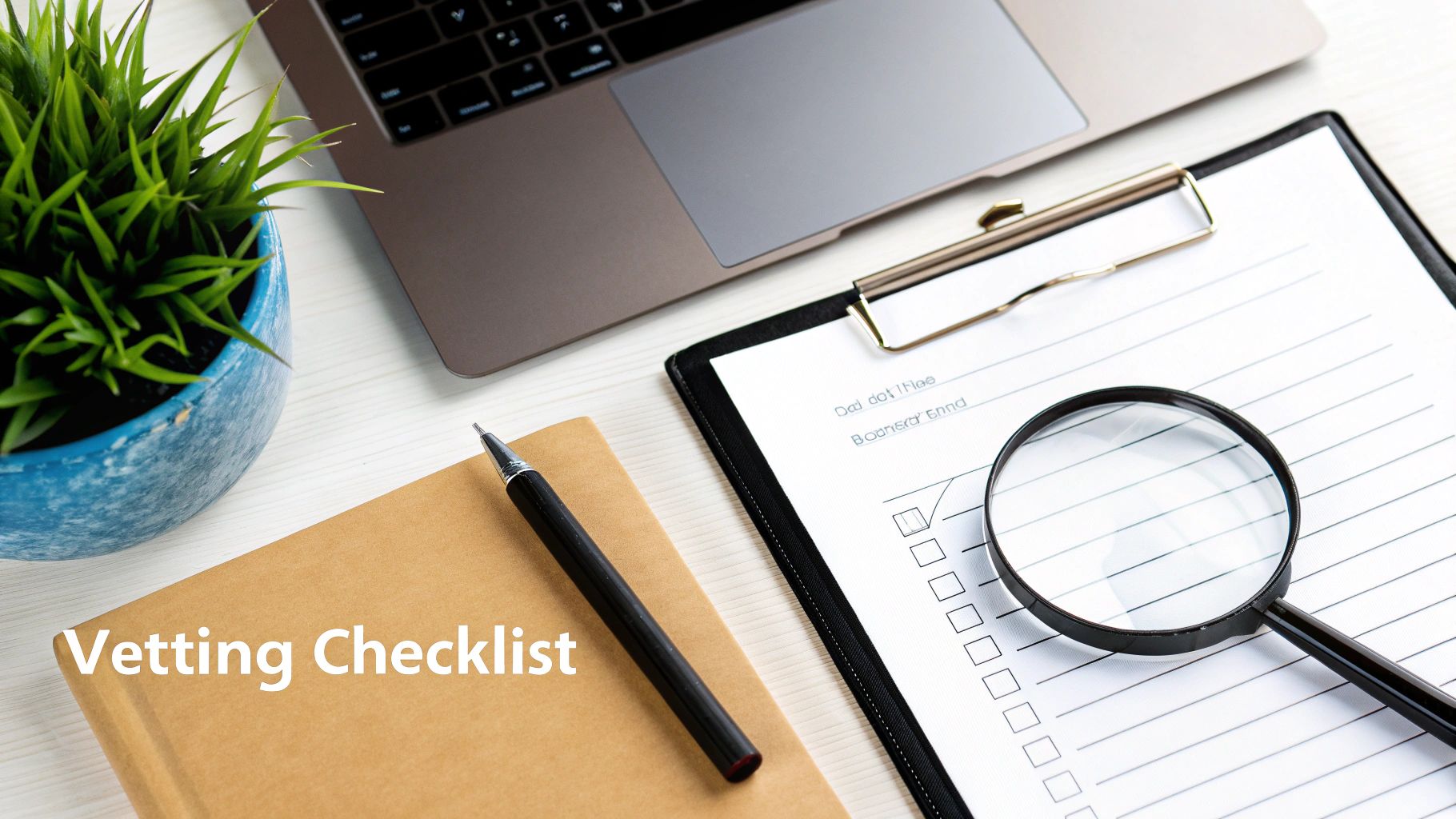 Desk flat lay with laptop, plant, notebook, pen, and a vetting checklist with magnifying glass.