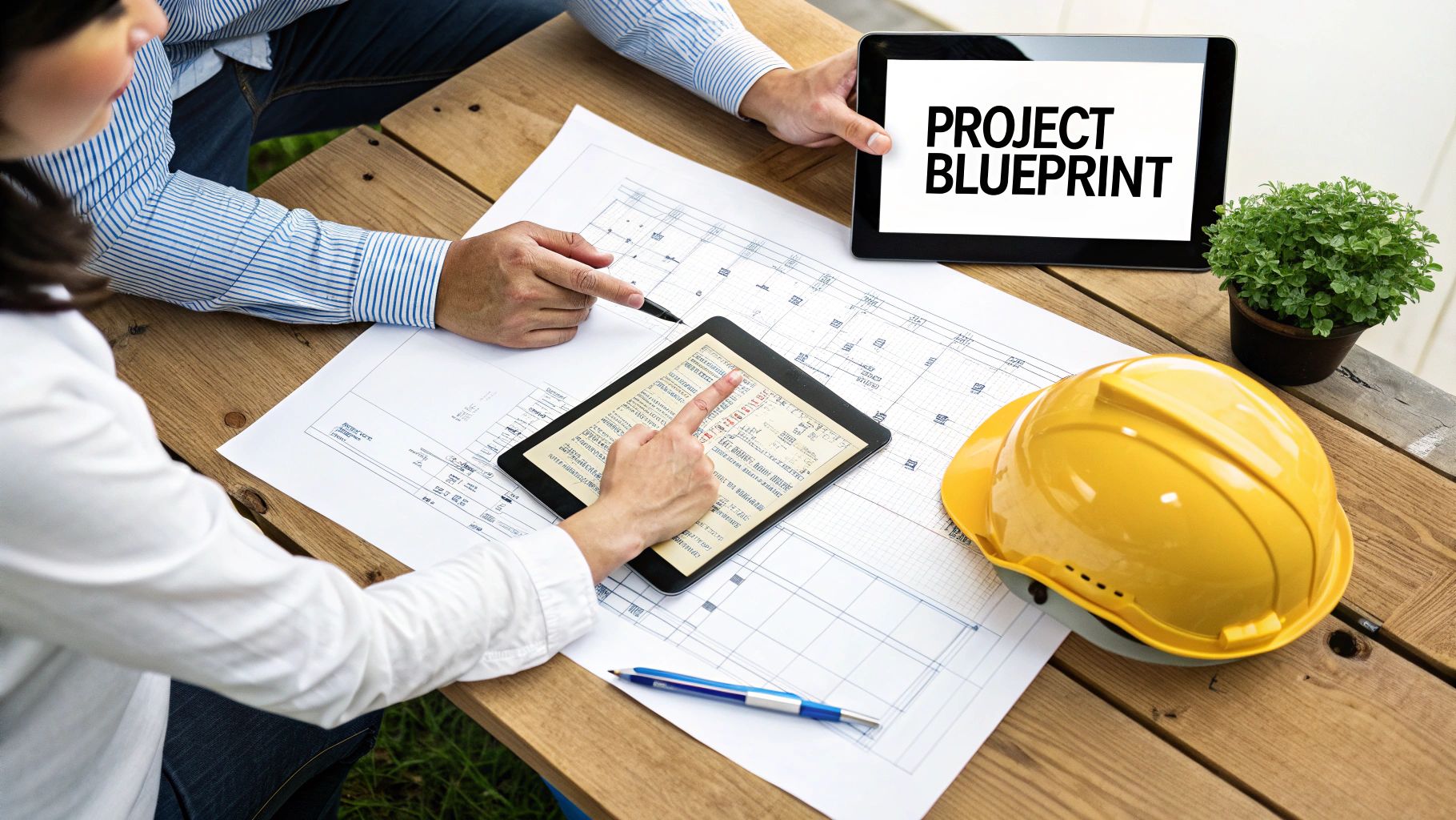 Two people review architectural blueprints and digital plans on tablets, with a hard hat on a wooden table.