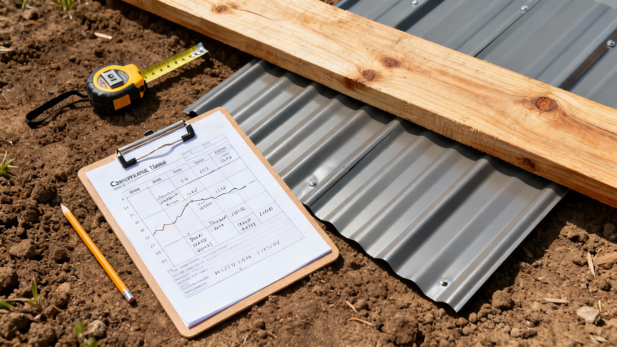 Measuring tape, clipboard with graph, and building materials on soil for a rural construction project.