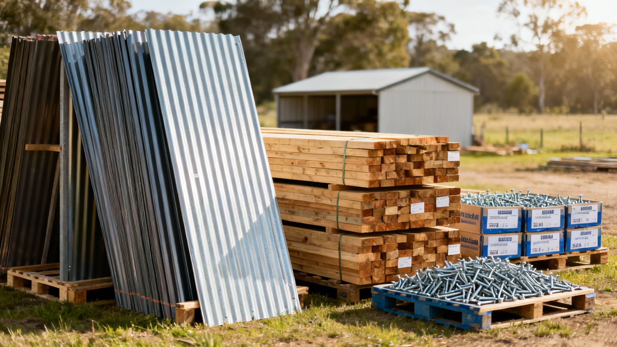 Construction materials including corrugated metal sheets, stacked lumber, and boxes of bolts for building a home.