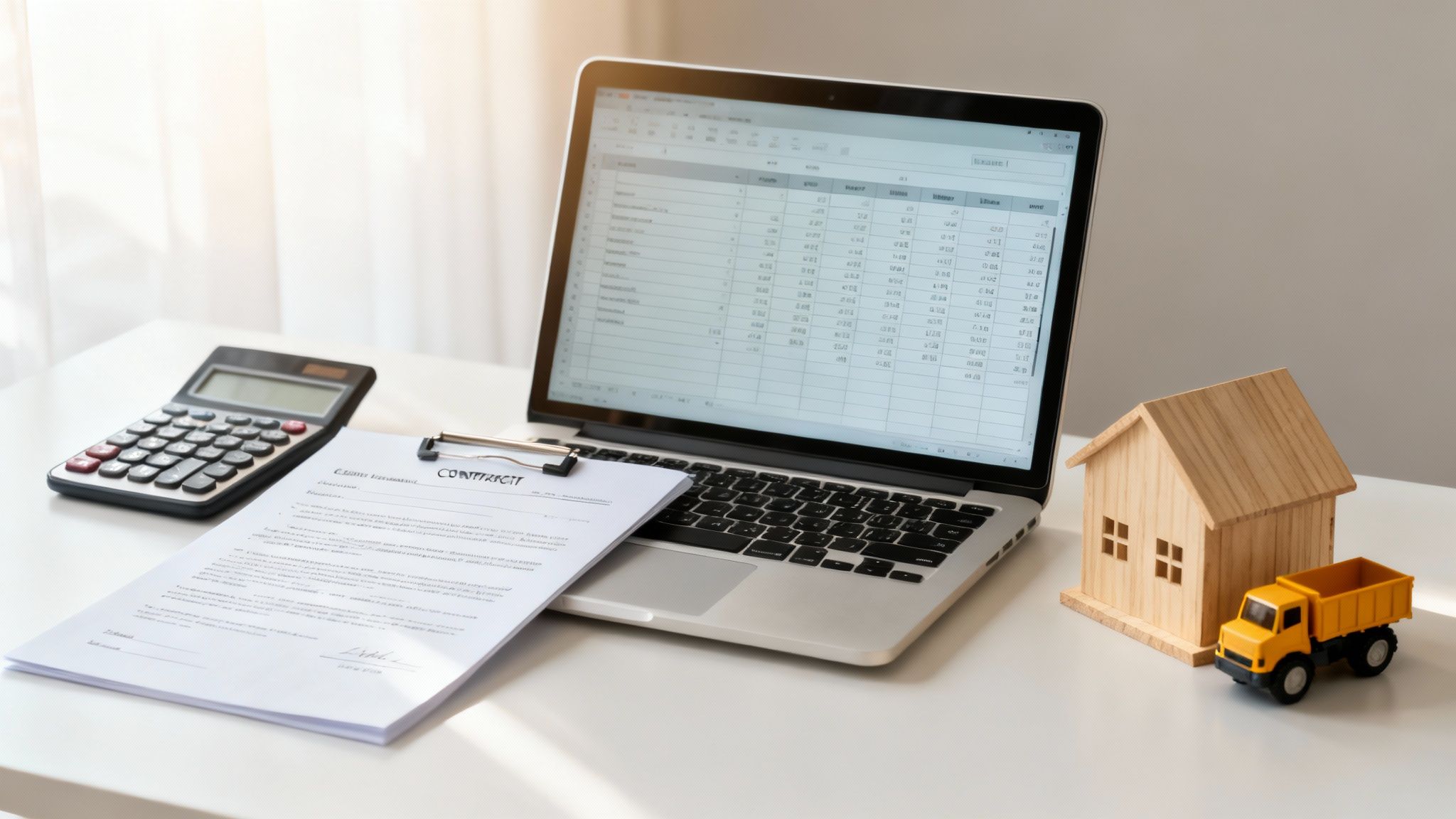 Desk with laptop displaying a spreadsheet, calculator, contract, toy house, and truck.