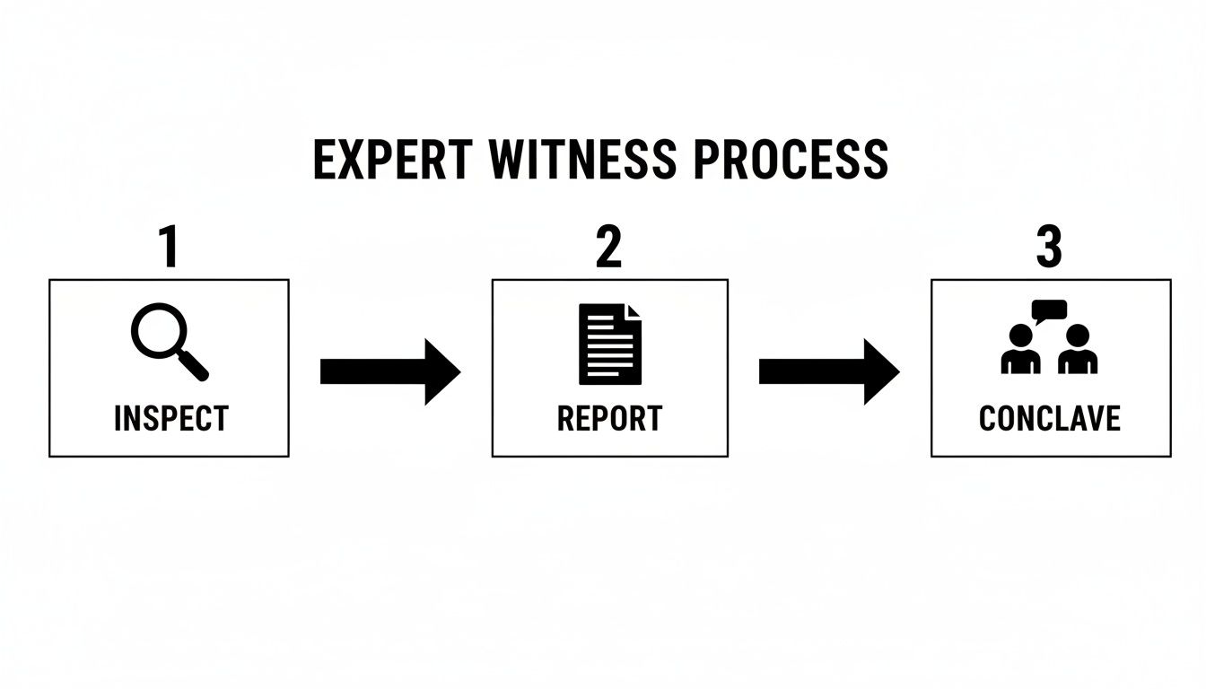 A three-step flowchart outlining the expert witness process: Inspect, Report, and Conclave.