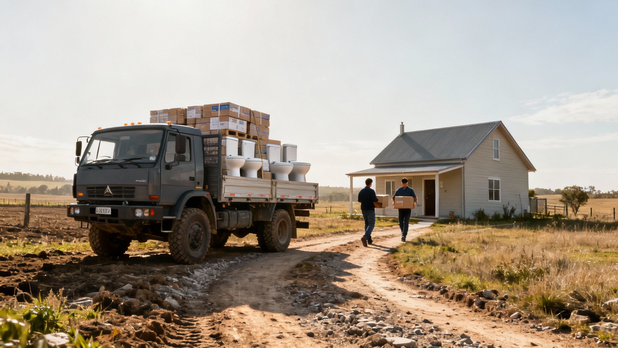 A truck delivers toilets and boxes, while two workers carry boxes to a house for renovation.